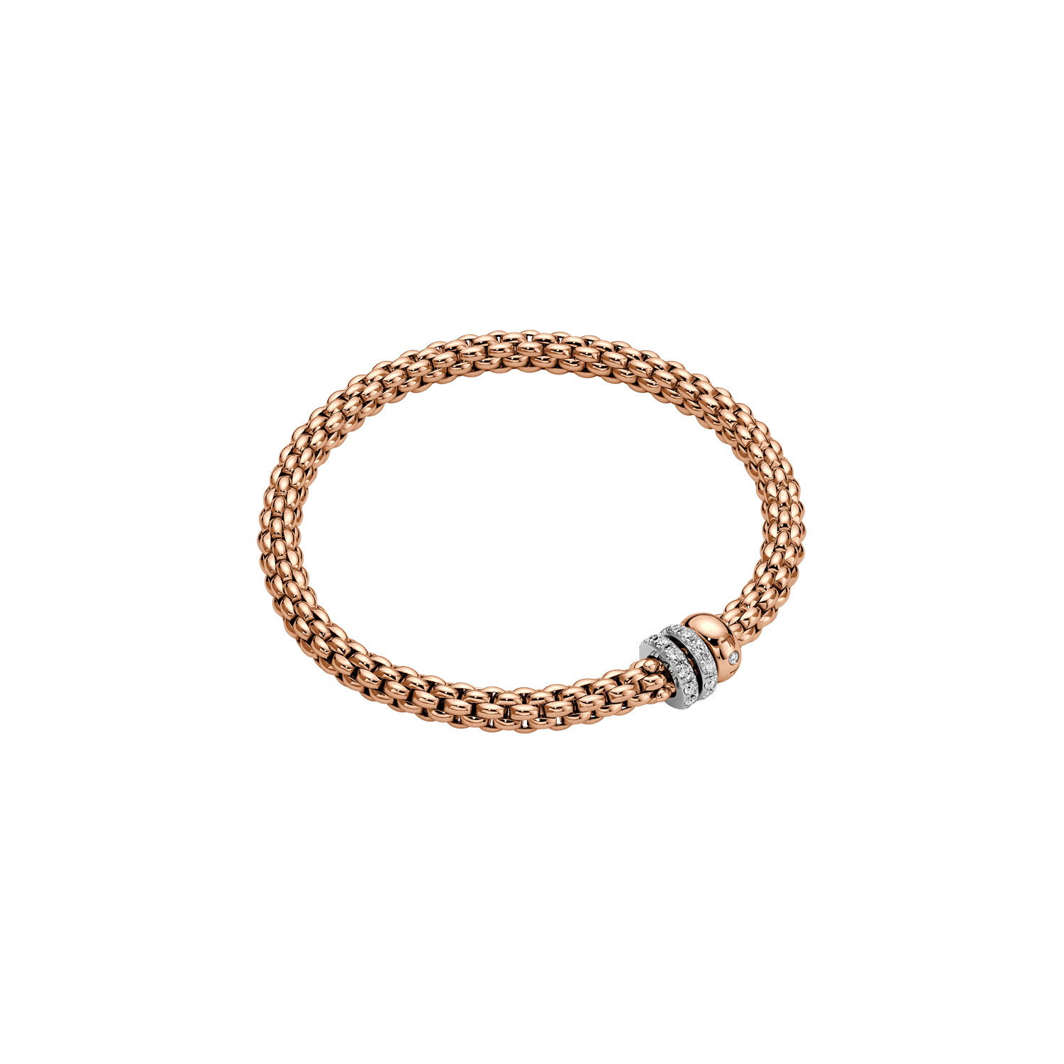 Solo Flex'It Bracelet in 18kt Rose Gold with one plain rose gold elements and two White Gold and White Pave Diamond Elements at 0.56ctw - The bracelet measures 4.9mm in diameter and is a size extra large, 19cm or 7.48 inches internal circumference. 62506B PAVEXL-RW Solo Bracelet in 18kt Rose Gold with 1 Plain Rose Gold and 2 White Gold and White Diamond Pave Elements - 4.9mm - Size XL