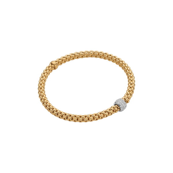 Closeup photo of Solo Bracelet in 18kt Yellow Gold with 1 White Gold Roundel with Pave White Diamonds - 4.9mm - Size M