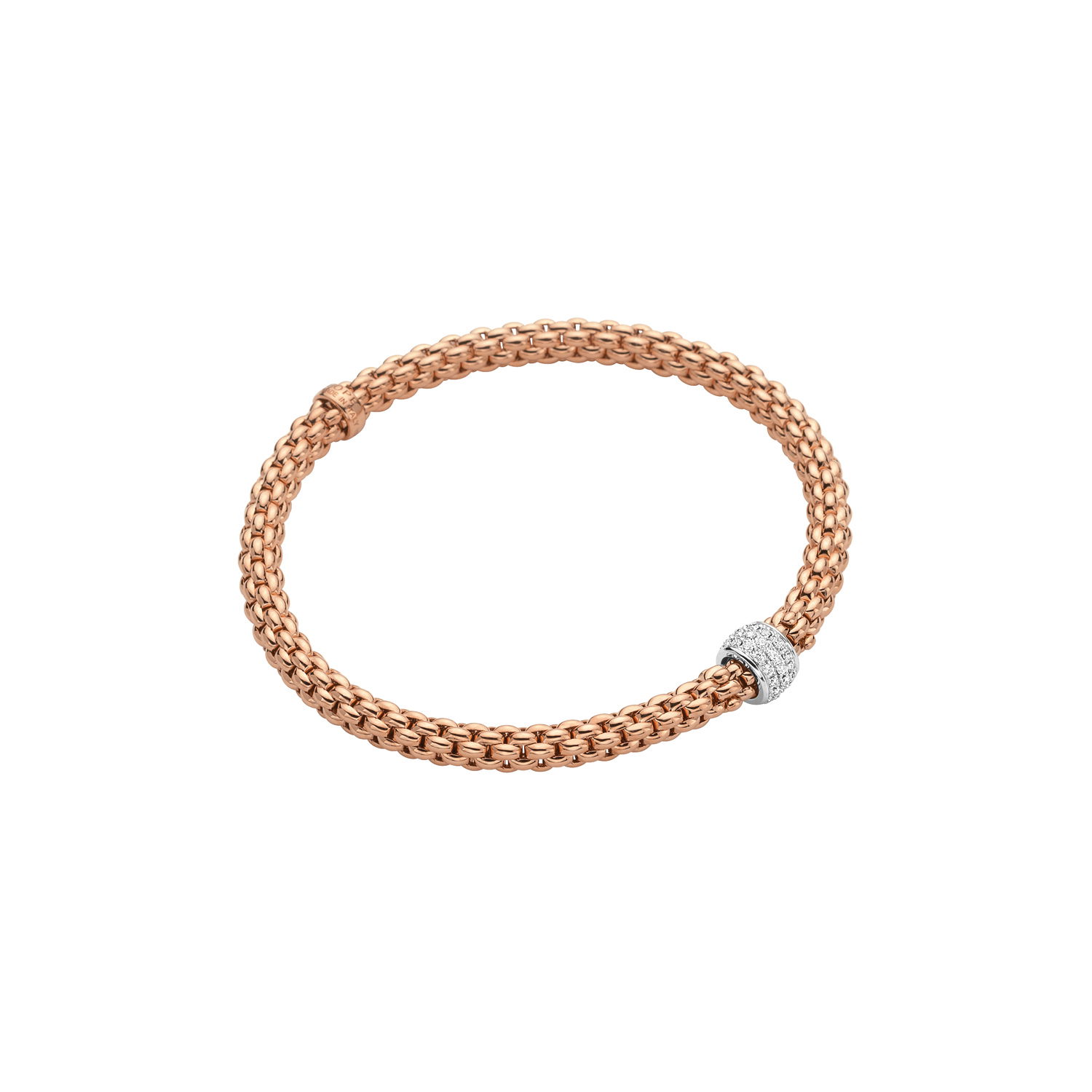 Solo Flex'It Bracelet in 18kt Rose Gold with One White Gold Roundel set with 0.29ctw of pave white diamonds - The bracelet measures 4.9mm in diameter and is a size extra small, 15cm or 5.90 inches internal circumference. 634B PAVEXS-RW Solo Bracelet in 18kt Rose Gold with 1 White Gold Roundel with Pave White Diamonds - 4.9mm - Size XS
