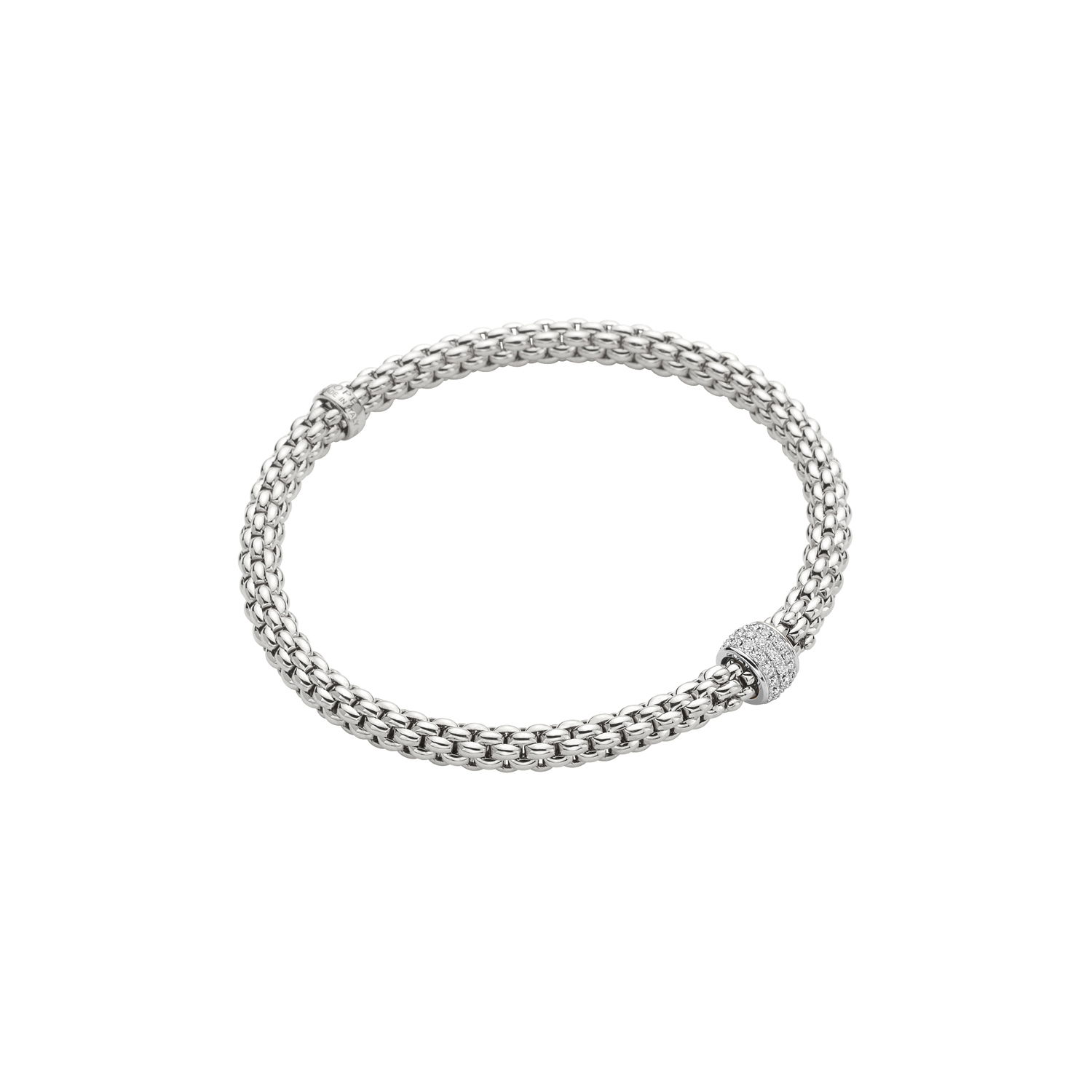 Solo Flex'It Bracelet in 18kt White Gold with One White Gold Roundel set with 0.29ctw of pave white diamonds - The bracelet measures 4.9mm in diameter and is a size large, 18cm or 7.08 inches internal circumference. 634B PAVEL-W Solo Bracelet in 18kt White Gold with 1 White Gold Roundel with Pave White Diamonds - 4.9mm - Size L