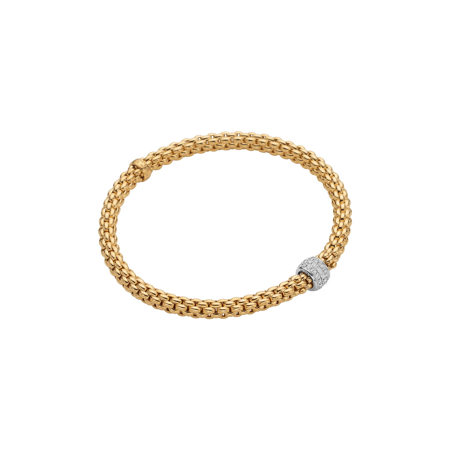 solo Flex'It bracelet in 18kt yellow gold with one white gold roundel set with 0.29ctw of pave white diamonds - The bracelet measures 4.9mm in diameter and is a size small, 16cm or 6.29 inches internal circumference. 634B PAVES-YW Solo Bracelet in 18kt Yellow Gold with 1 White Gold Roundel with Pave White Diamonds - 4.9mm - Size S