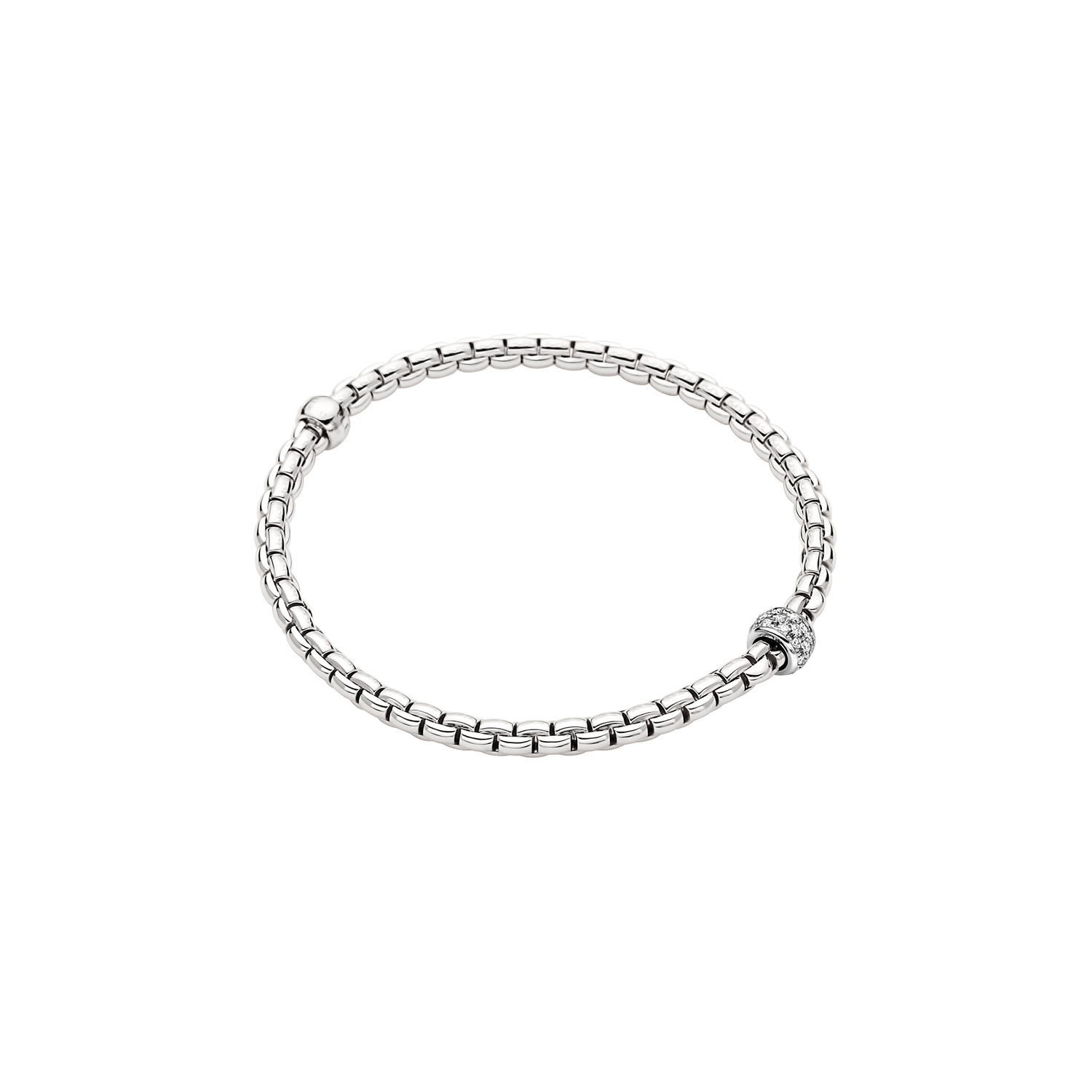 Eka Tiny Flex'It Bracelet in 18kt White Gold with One White Gold and White Pave Diamond Element at 0.19ctw - The bracelet measures 4mm in diameter and is a size extra large, 19cm or 7.48 inches internal circumference. 733B PAVEXL-W Eka Tiny Bracelet in 18kt White Gold with 1 White Gold and White Diamond Pave Element - 4mm - Size XL