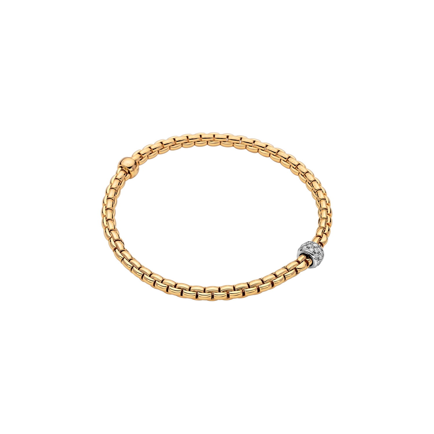 Eka Tiny Flex'It Bracelet in 18kt Yellow Gold with One White Gold and White Pave Diamond Element at 0.19ctw - The bracelet measures 4mm in diameter and is a size medium, 17cm or 6.69 inches internal circumference. 733B PAVEM-YW Eka Tiny Bracelet in 18kt Yellow Gold with 1 White Gold and White Diamond Pave Element - 4mm - Size M