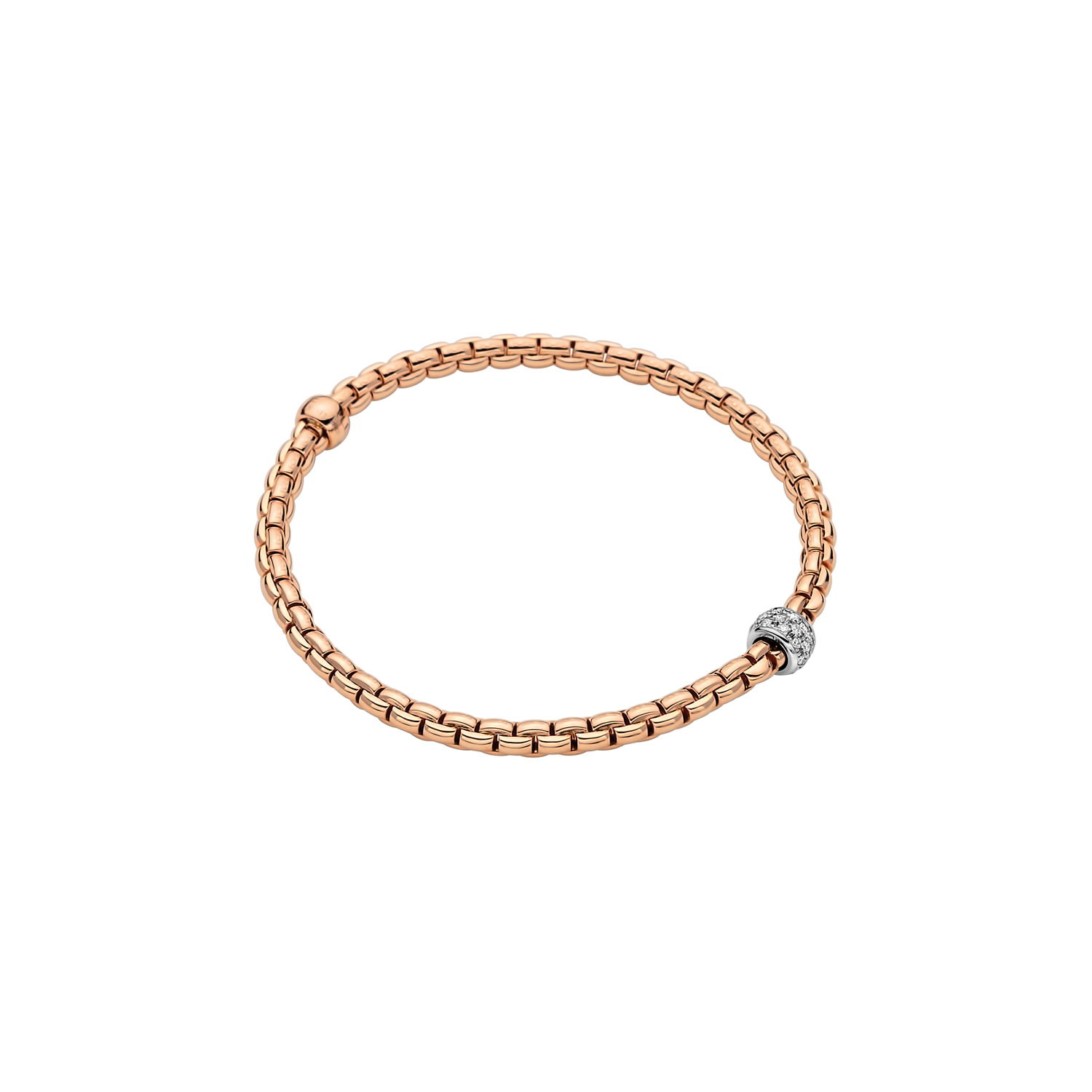 Eka Tiny Flex'It Bracelet in 18kt Rose Gold with One White Gold and White Pave Diamond Element at 0.19ctw - The bracelet measures 4mm in diameter and is a size large, 18cm or 7.08 inches internal circumference. 733B PAVEL-RW Eka Tiny Bracelet in 18kt Rose Gold with 1 White Gold and White Diamond Pave Element - 4mm - Size L