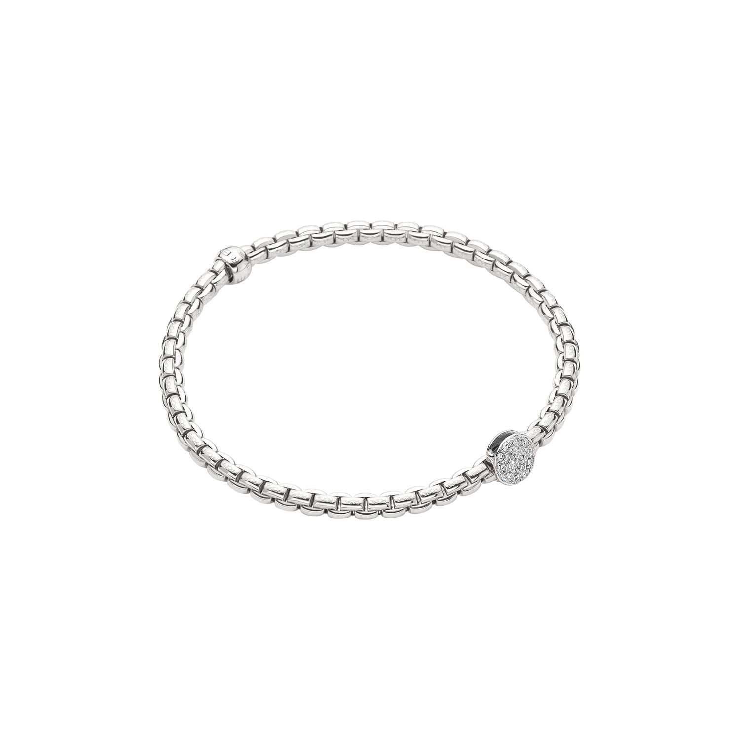Eka Tiny Flex'It Bracelet in 18kt White Gold with One White Gold and White Pave Diamond Circle Element at 0.22ctw - The bracelet measures 4mm in diameter and is a size small, 16cm or 6.29 inches internal circumference. 736B PAVES-W Eka Tiny Bracelet in 18kt White Gold with 1 White Gold and White Diamond Pave Circle Element - 4mm - Size S