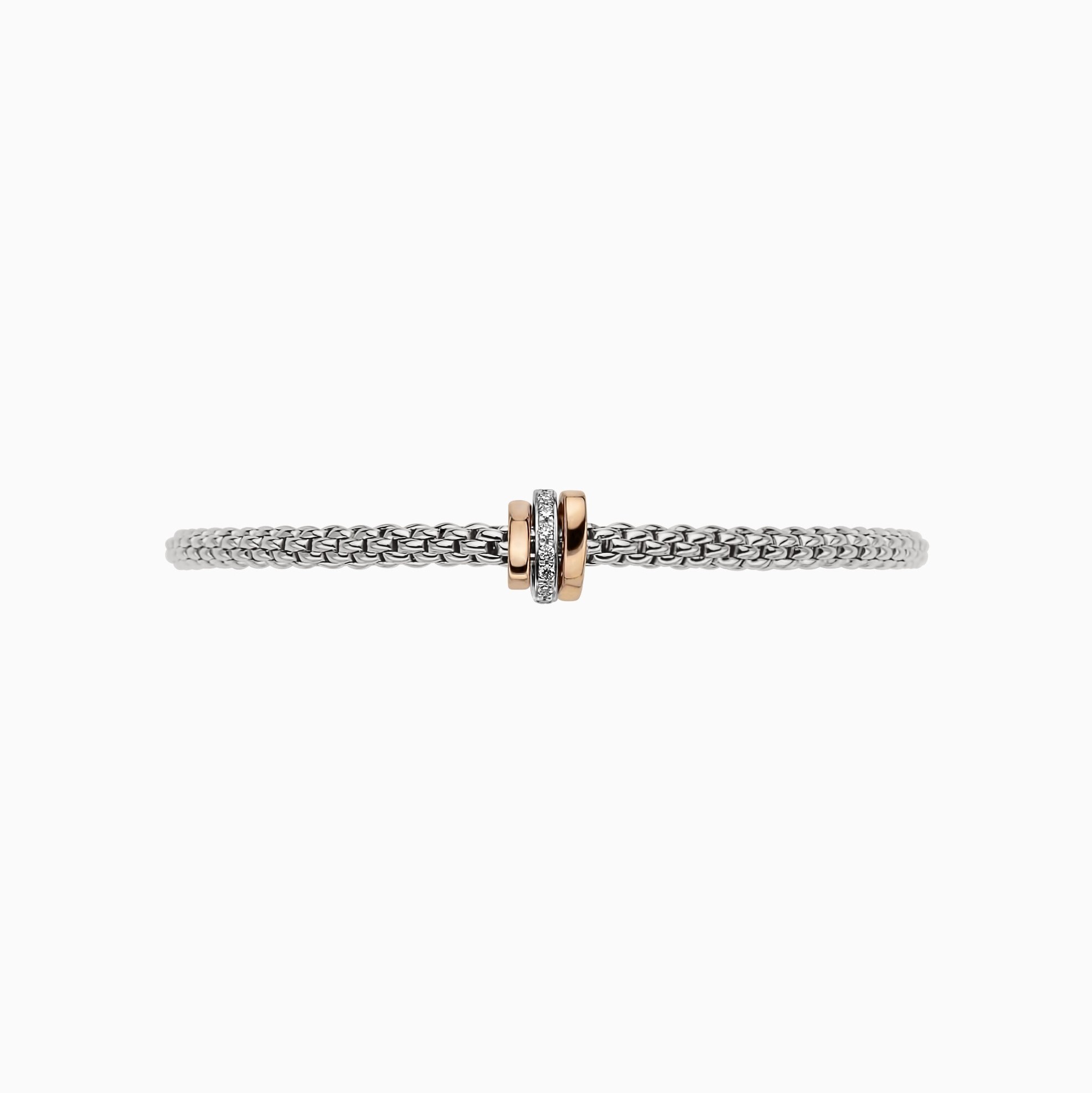 Prima Flex'It Bracelet in 18kt White Gold with two plain rose gold and one White Gold and White Pave Diamond Elements at 0.10ctw - The bracelet measures 3.4mm in diameter and is a size large, 18cm or 7.08 inches internal circumference. Prima Bracelet in 18kt White Gold with 2 Rose Gold and 1 White Gold Pave White Diamond Elements - 3.4mm - Size L