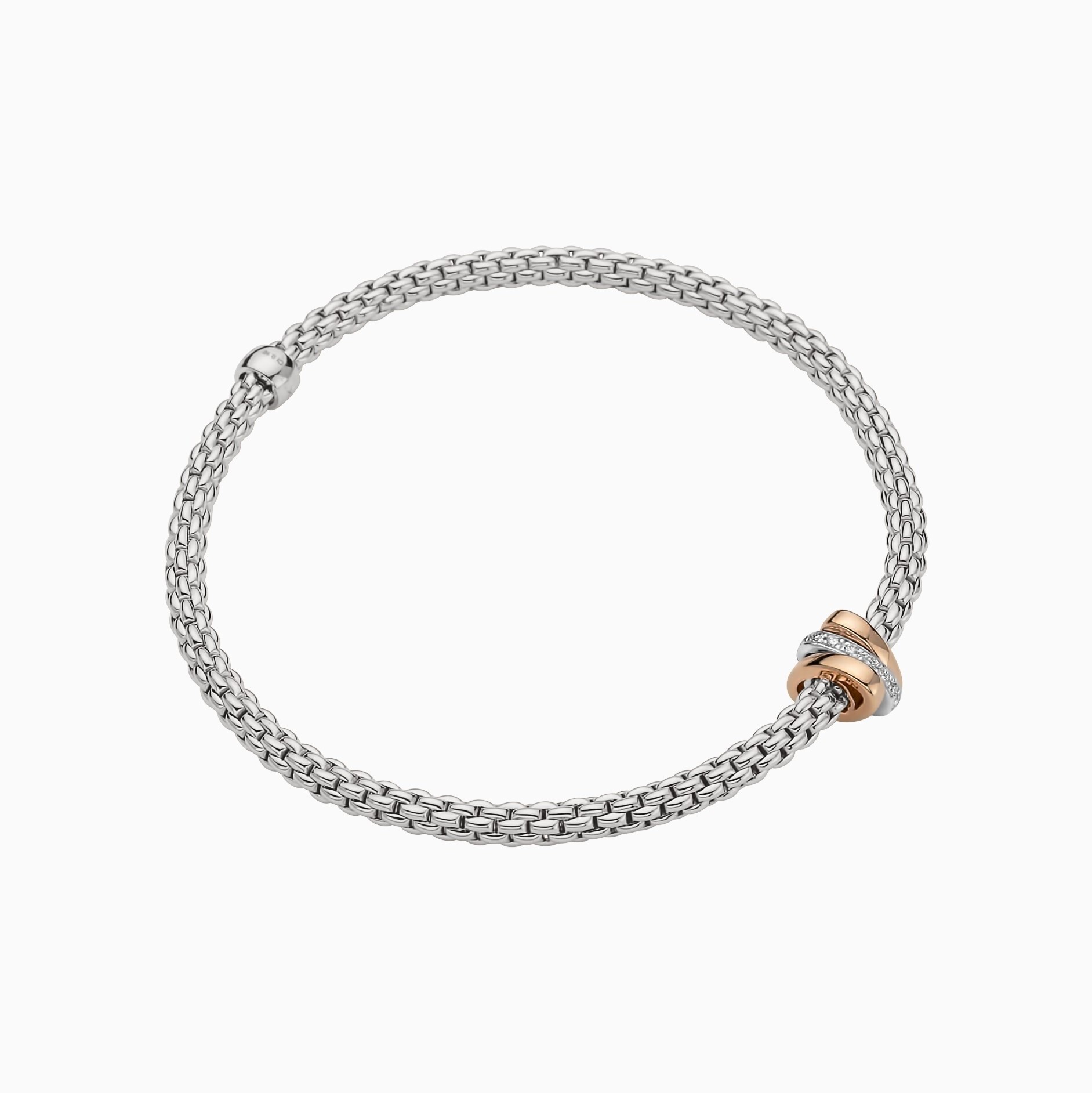 Prima Flex'It Bracelet in 18kt White Gold with two plain rose gold and one White Gold and White Pave Diamond Elements at 0.10ctw - The bracelet measures 3.4mm in diameter and is a size medium, 17cm or 6.69 inches internal circumference. Prima Bracelet in 18kt White Gold with 2 Rose Gold and 1 White Gold Pave White Diamond Elements - 3.4mm - Size M