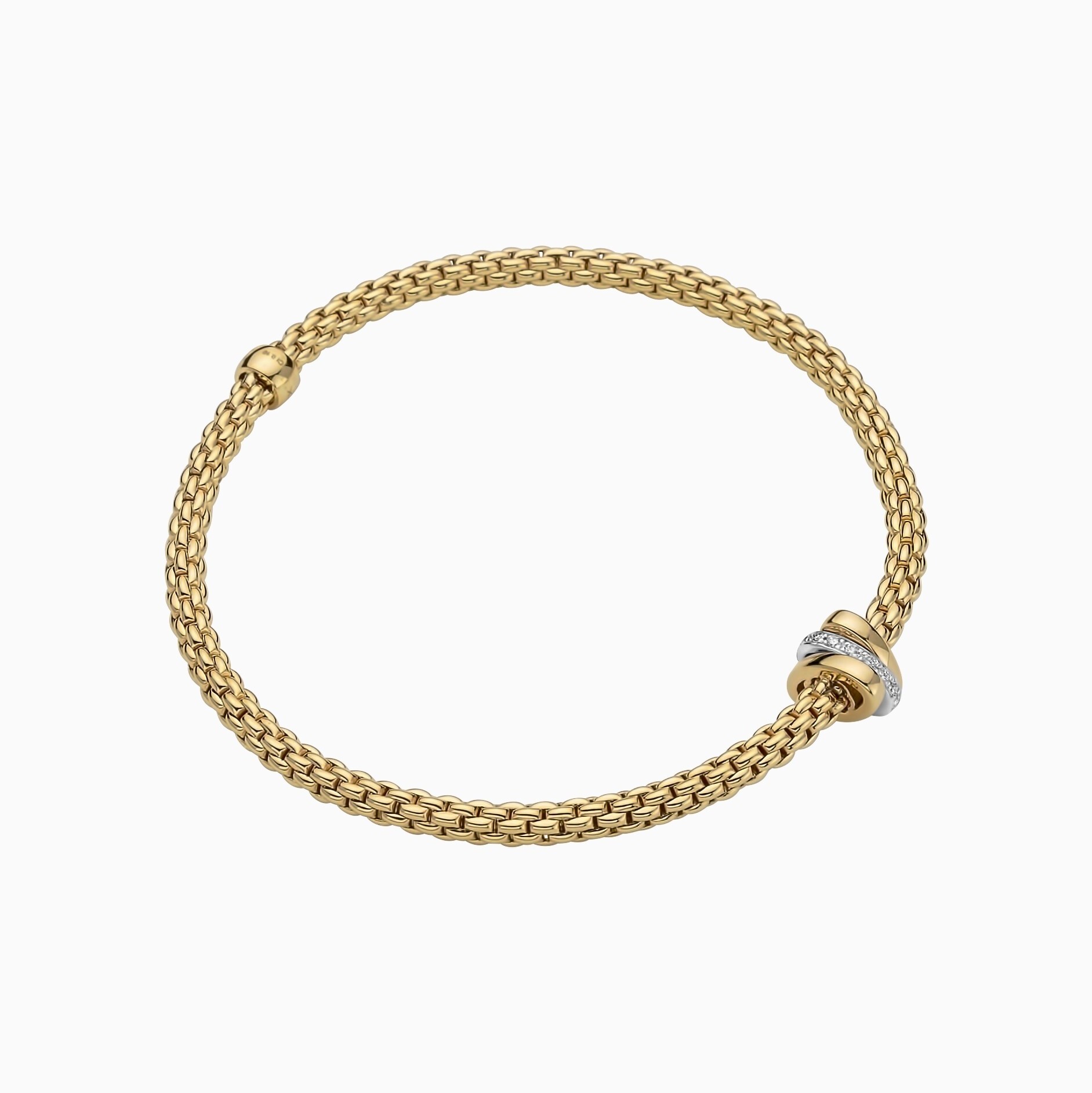 Prima Flex'It Bracelet in 18kt Yellow Gold with two plain yellow gold and one White Gold and White Pave Diamond Elements at 0.10ctw - The bracelet measures 3.4mm in diameter and is a size small, 16cm or 6.29 inches internal circumference. Prima Bracelet in 18kt Yellow Gold with 2 Yellow Gold and 1 White Gold Pave White Diamond Elements - 3.4mm - Size S