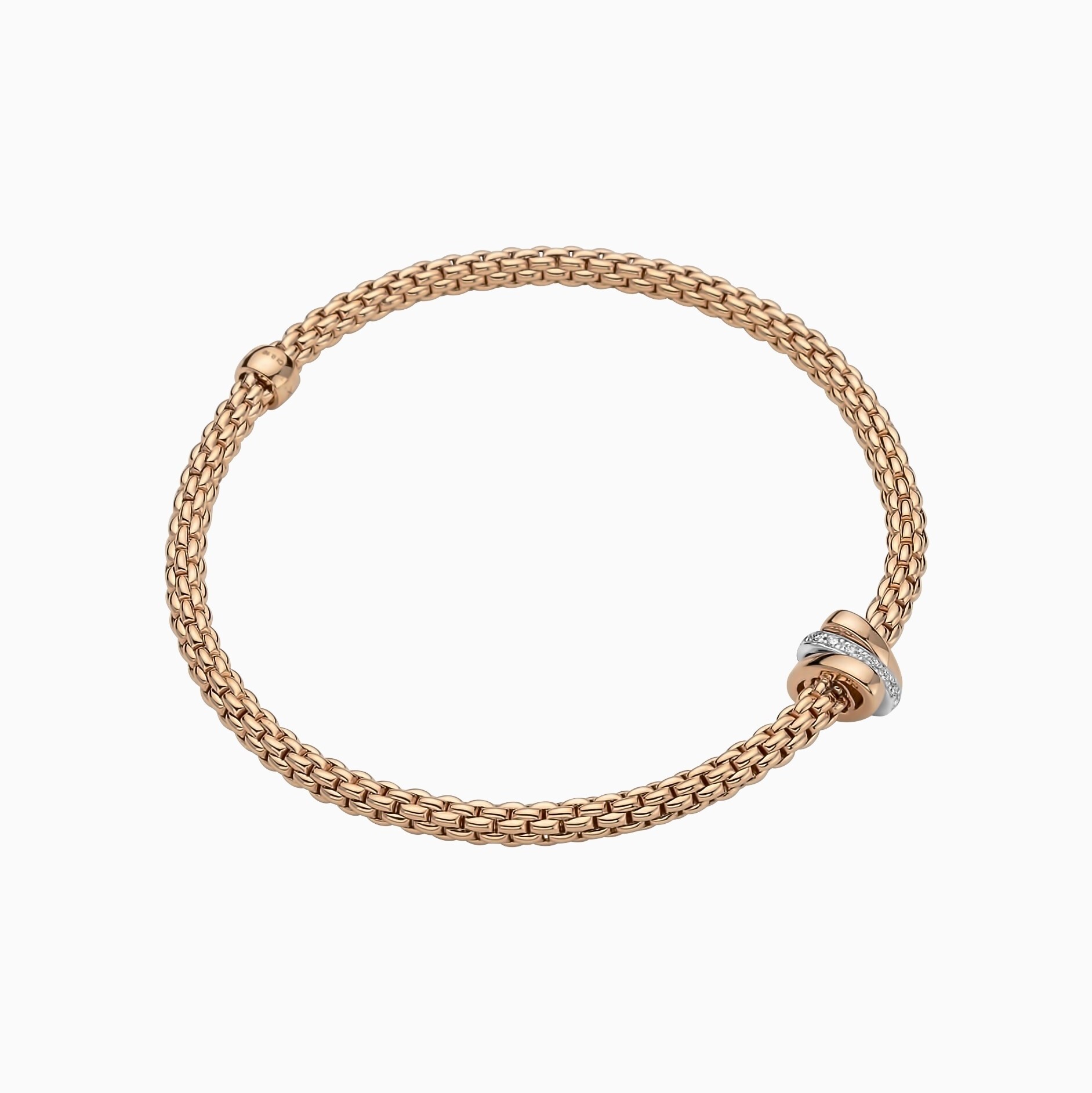 Prima Flex'It Bracelet in 18kt Rose Gold with two plain rose gold and one White Gold and White Pave Diamond Elements at 0.10ctw - The bracelet measures 3.4mm in diameter and is a size large, 18cm or 7.08 inches internal circumference. Prima Bracelet in 18kt Rose Gold with 2 Rose Gold and 1 White Gold Pave White Diamond Elements - 3.4mm - Size L