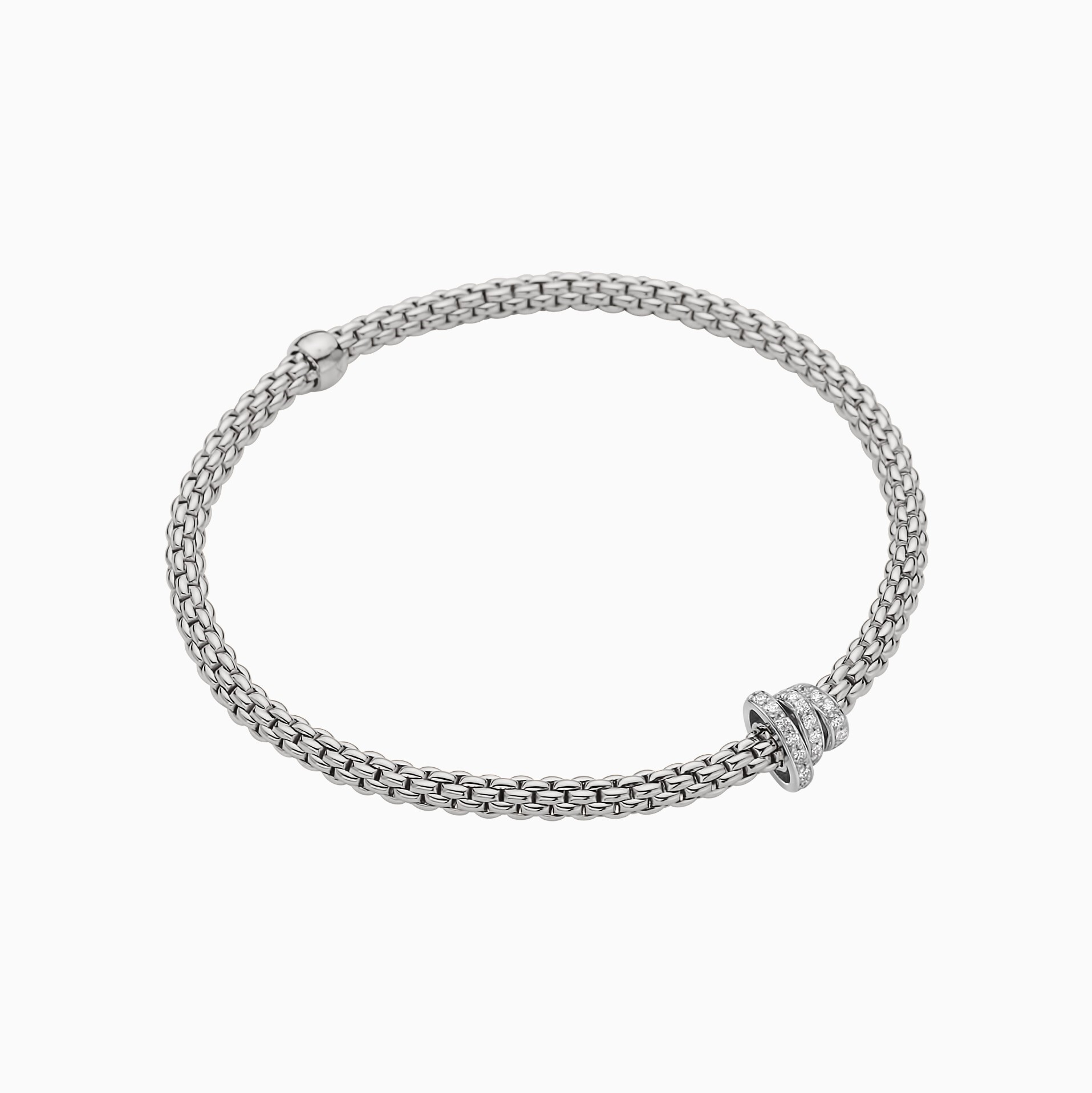 Prima Flex'It Bracelet in 18kt White Gold with three White Gold and White Pave Diamond Elements at 0.31ctw - The bracelet measures 3.4mm in diameter and is a size small, 16cm or 6.29 inches internal circumference. 744B PAVES-W Prima Bracelet in 18kt White Gold with 3 White Gold Pave White Diamond Elements - 3.4mm - Size S