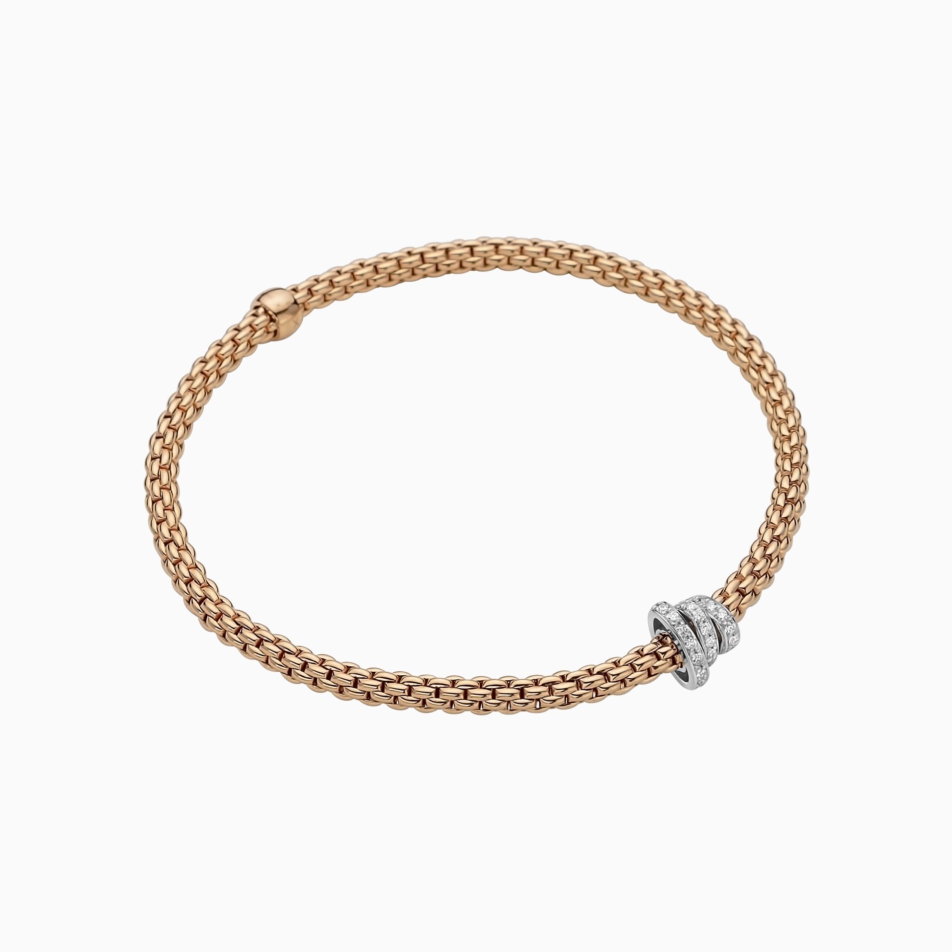 Prima Flex'It Bracelet in 18kt Rose Gold with three White Gold and White Pave Diamond Elements at 0.31ctw - The bracelet measures 3.4mm in diameter and is a size extra large, 19cm or 7.48 inches internal circumference. 744B PAVEXL-RW Prima Bracelet in 18kt Rose Gold with 3 White Gold Pave White Diamond Elements - 3.4mm - Size XL
