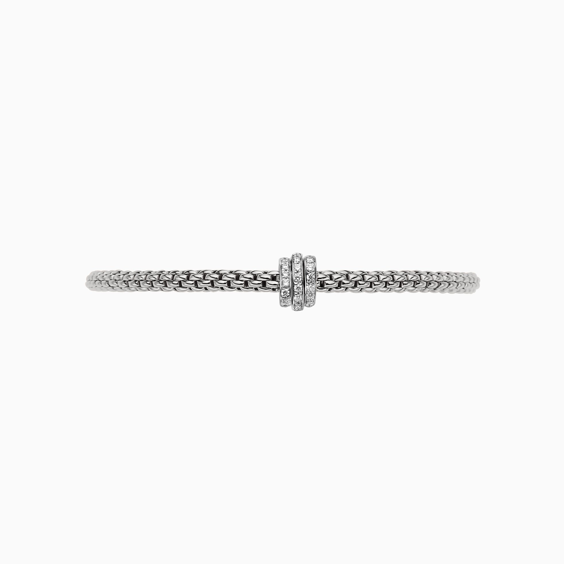 Prima Flex'It Bracelet in 18kt White Gold with three White Gold and White Pave Diamond Elements at 0.31ctw - The bracelet measures 3.4mm in diameter and is a size extra large, 19cm or 7.48 inches internal circumference. 744B PAVEXL-W Prima Bracelet in 18kt White Gold with 3 White Gold Pave White Diamond Elements - 3.4mm - Size XL