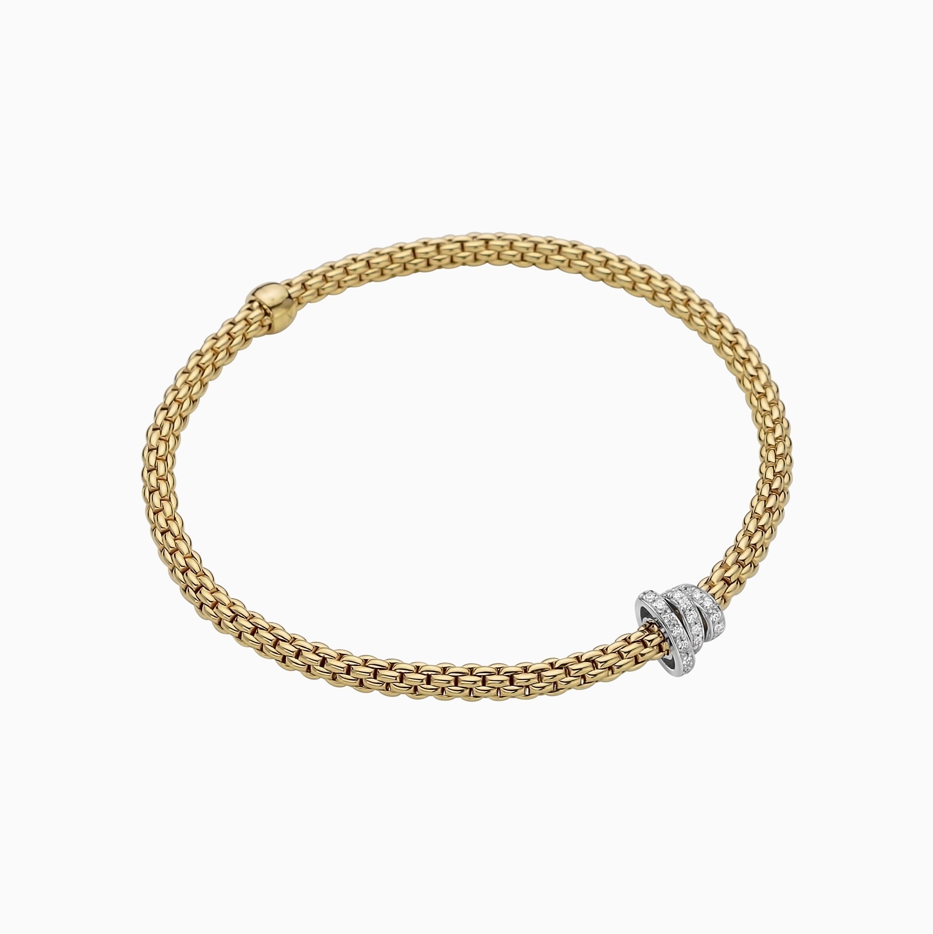 Prima Flex'It Bracelet in 18kt Yellow Gold with three White Gold and White Pave Diamond Elements at 0.31ctw - The bracelet measures 3.4mm in diameter and is a size extra small, 15cm or 5.90 inches internal circumference. 744B PAVEXS-YW Prima Bracelet in 18kt Yellow Gold with 3 White Gold Pave White Diamond Elements - 3.4mm - Size XS