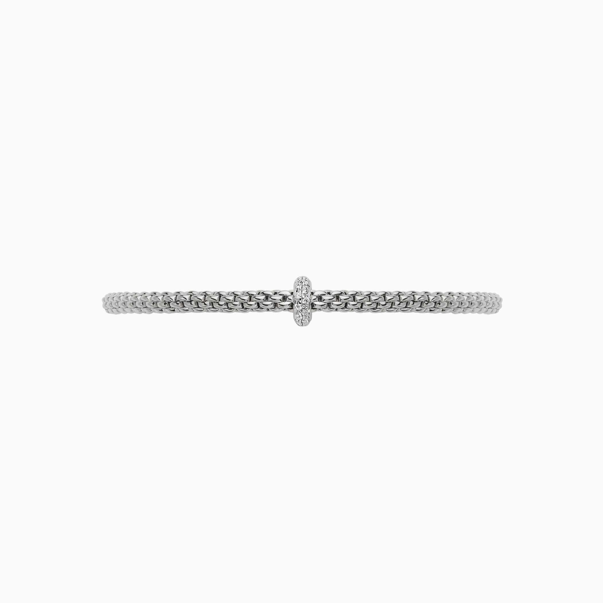 Prima Flex'It Bracelet in 18kt White Gold with one White Gold and White Pave Diamond roundel element at 0.18ctw - The bracelet measures 3.4mm in diameter and is a size small, 16cm or 6.29 inches internal circumference. 745B BBRS-W Prima Bracelet in 18kt White Gold with 1 White Gold Pave White Diamond Element - 3.4mm - Size S