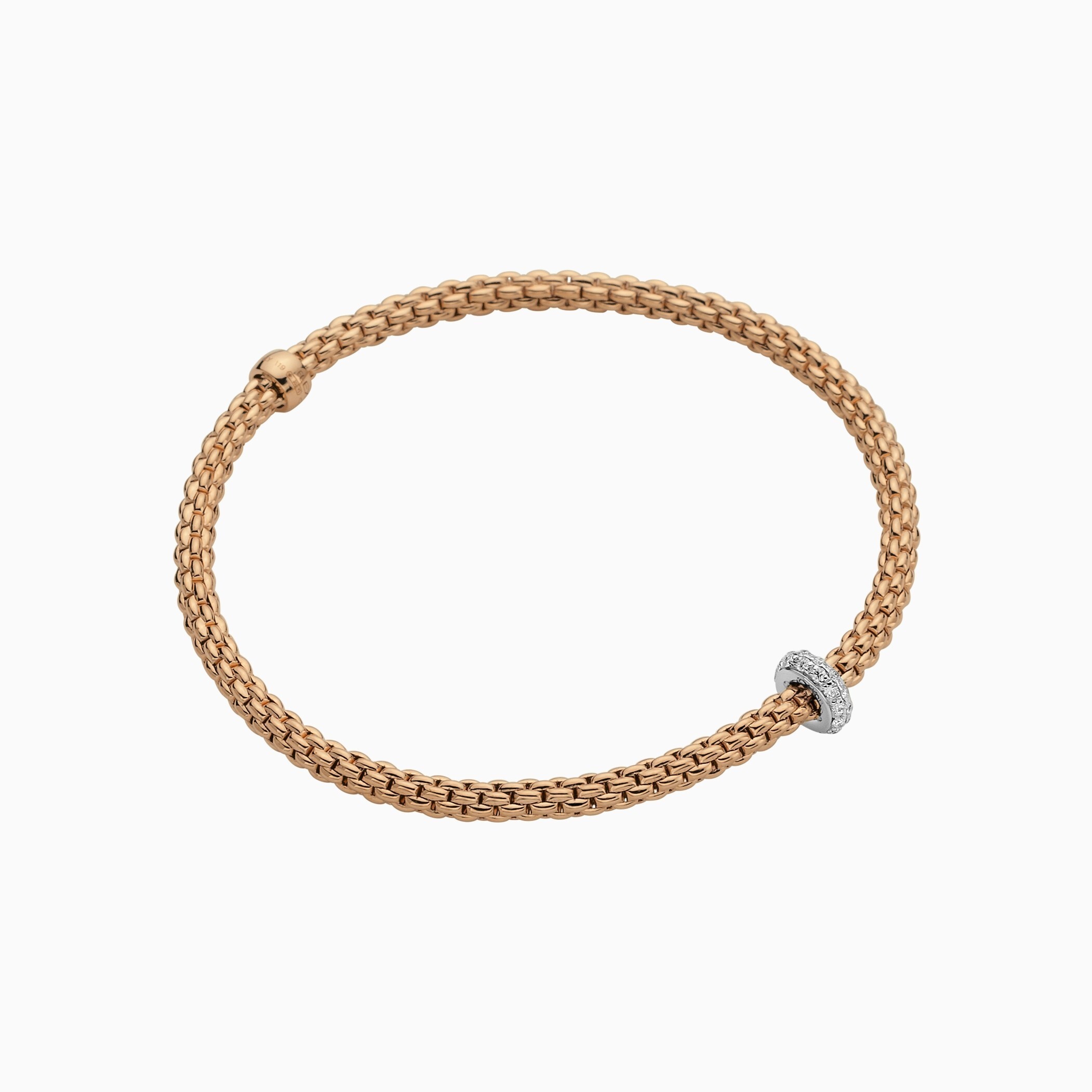 Prima Flex'It Bracelet in 18kt Rose Gold with one White Gold and White Pave Diamond roundel element at 0.18ctw - The bracelet measures 3.4mm in diameter and is a size large, 18cm or 7.08 inches internal circumference. 745B BBRL-RW Prima Bracelet in 18kt Rose Gold with 1 White Gold Pave White Diamond Element - 3.4mm - Size L
