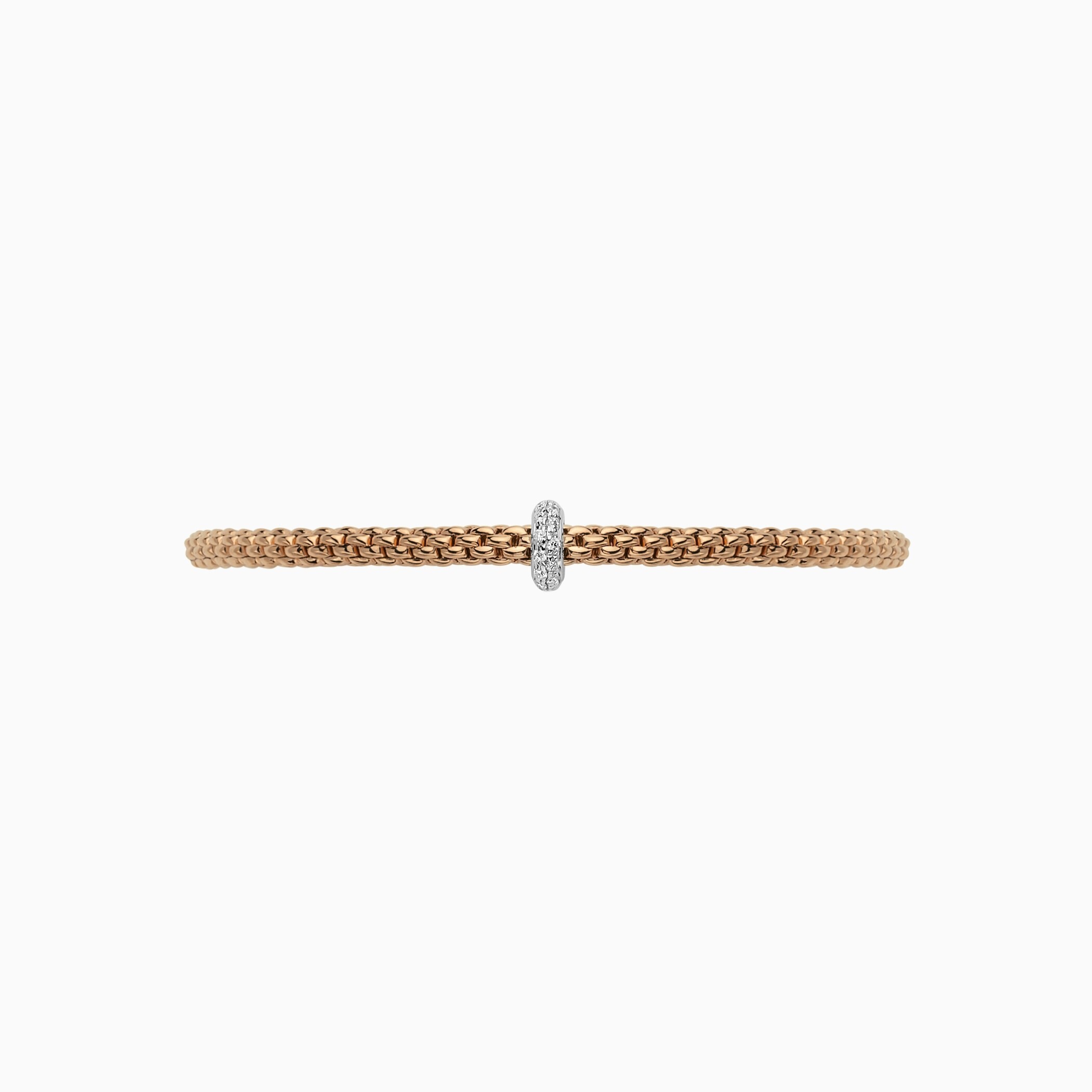 Prima Flex'It Bracelet in 18kt Rose Gold with one White Gold and White Pave Diamond roundel element at 0.18ctw - The bracelet measures 3.4mm in diameter and is a size extra small, 15cm or 5.90 inches internal circumference. 745B BBRXS-RW Prima Bracelet in 18kt Rose Gold with 1 White Gold Pave White Diamond Element - 3.4mm - Size XS