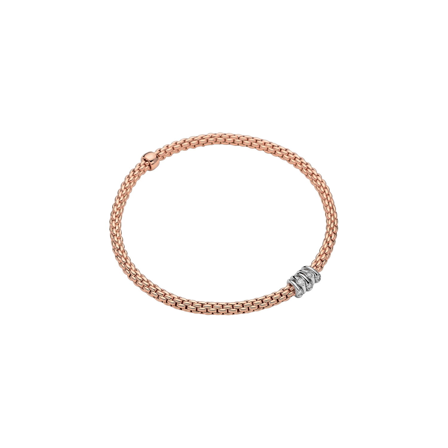 Prima Flex'It Bracelet in 18kt Rose Gold with five White Gold and White Single Diamond elements at 0.07ctw - The bracelet measures 3.4mm in diameter and is a size extra large, 19cm or 7.48 inches internal circumference. 746B BBRXL-RW Prima Bracelet in 18kt Rose Gold with 5 White Gold Single White Diamond Elements - 3.4mm - Size XL
