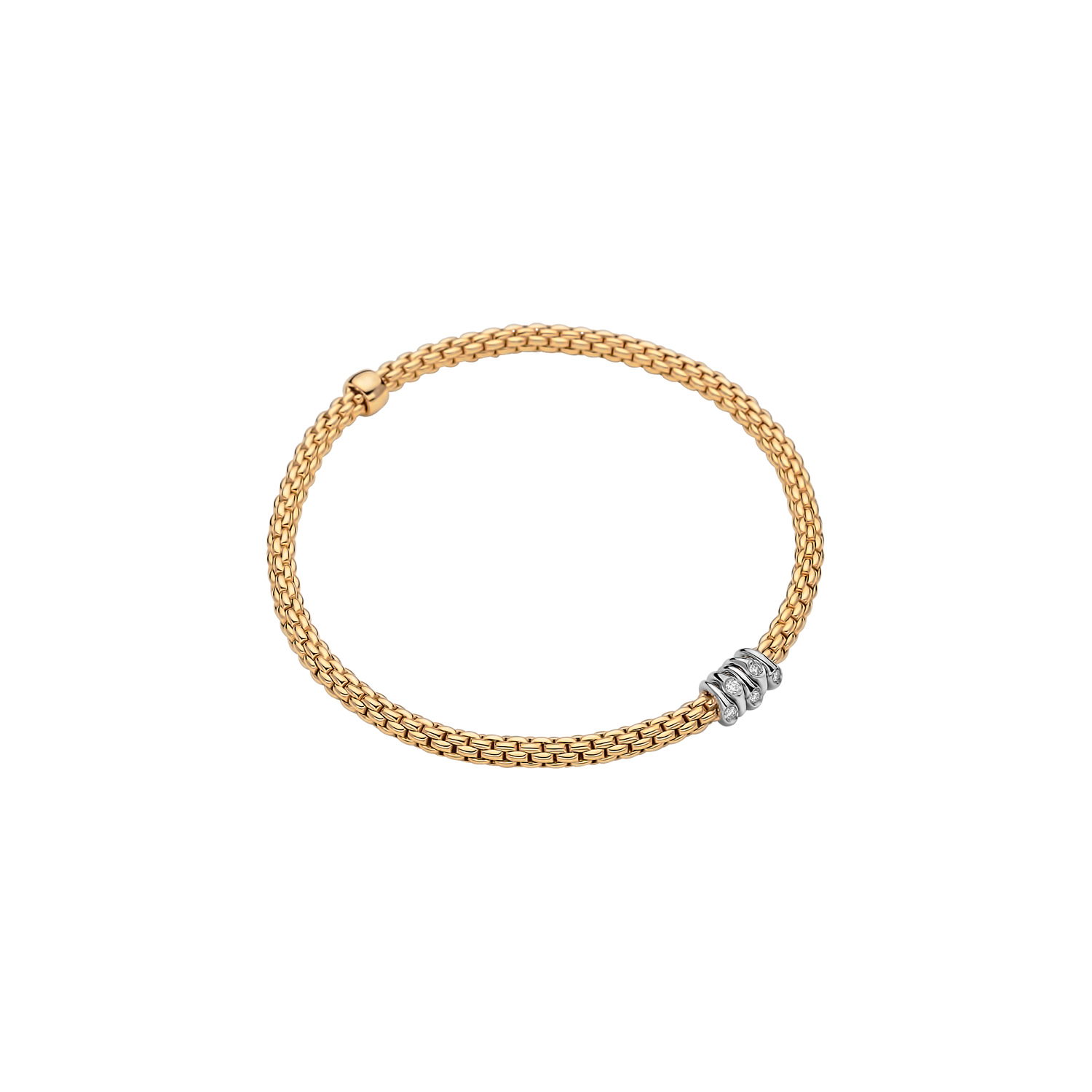 Prima Flex'It Bracelet in 18kt Yellow Gold with five White Gold and White Single Diamond elements at 0.07ctw - The bracelet measures 3.4mm in diameter and is a size large, 18cm or 7.08 inches internal circumference. 746B BBRL-YW Prima Bracelet in 18kt Yellow Gold with 5 White Gold Single White Diamond Elements - 3.4mm - Size L