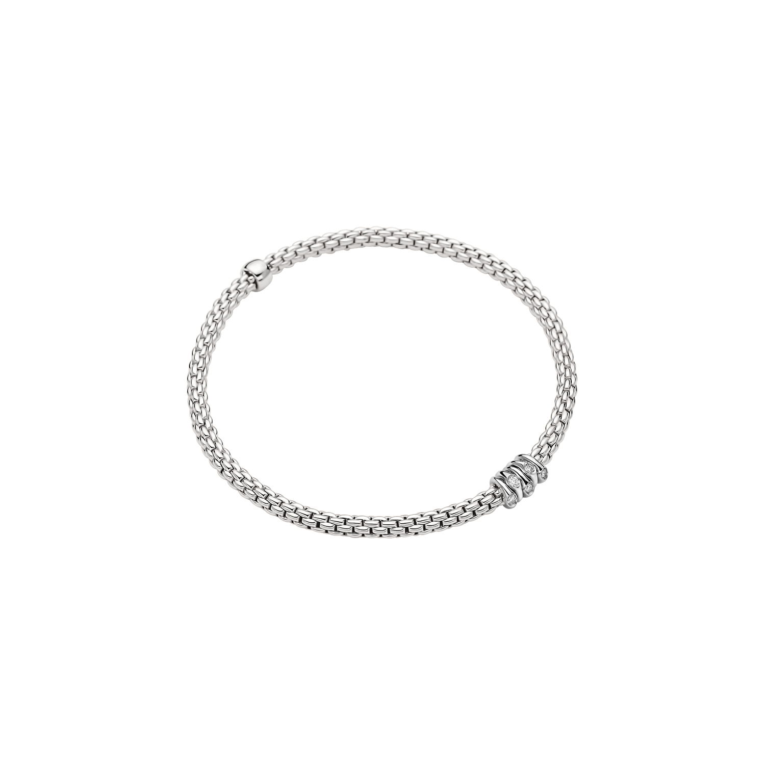 Prima Flex'It Bracelet in 18kt White Gold with five White Gold and White Single Diamond elements at 0.07ctw - The bracelet measures 3.4mm in diameter and is a size extra large, 19cm or 7.48 inches internal circumference. 746B BBRXL-W Prima Bracelet in 18kt White Gold with 5 White Gold Single White Diamond Elements - 3.4mm - Size XL