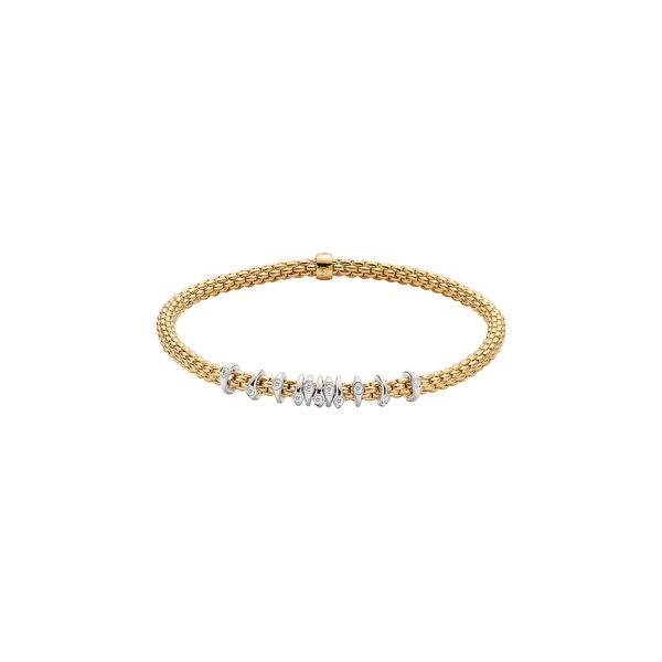 Closeup photo of Prima Bracelet in 18kt Yellow Gold with 11 White Gold Single White Diamond Elements - 3.4mm - Size XL