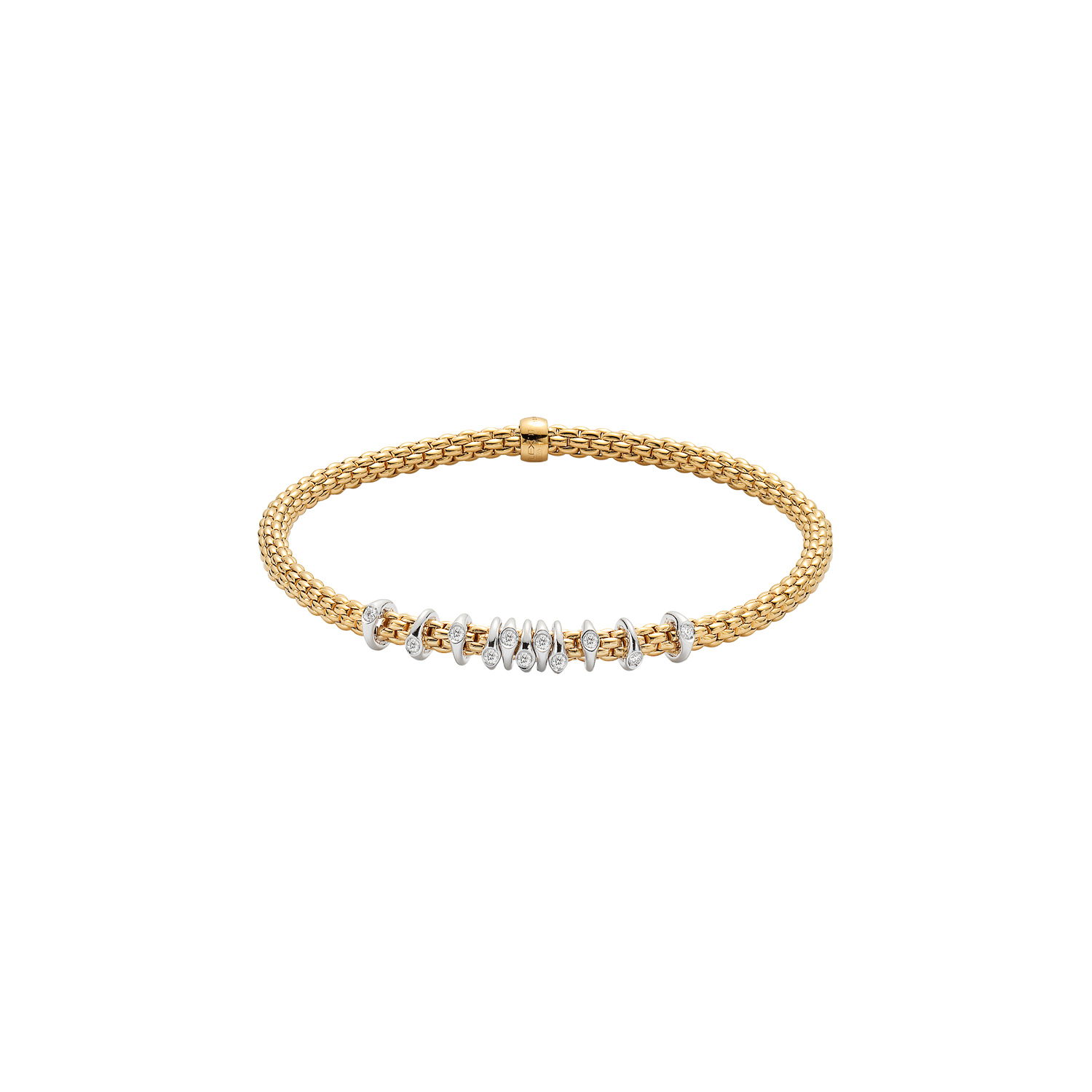 Prima Flex'It Bracelet in 18kt Yellow Gold with eleven White Gold and White Single Diamond elements at 0.15ctw - The bracelet measures 3.4mm in diameter and is a size large, 18cm or 7.08 inches internal circumference. 747B BBRL-YW Prima Bracelet in 18kt Yellow Gold with 11 White Gold Single White Diamond Elements - 3.4mm - Size L