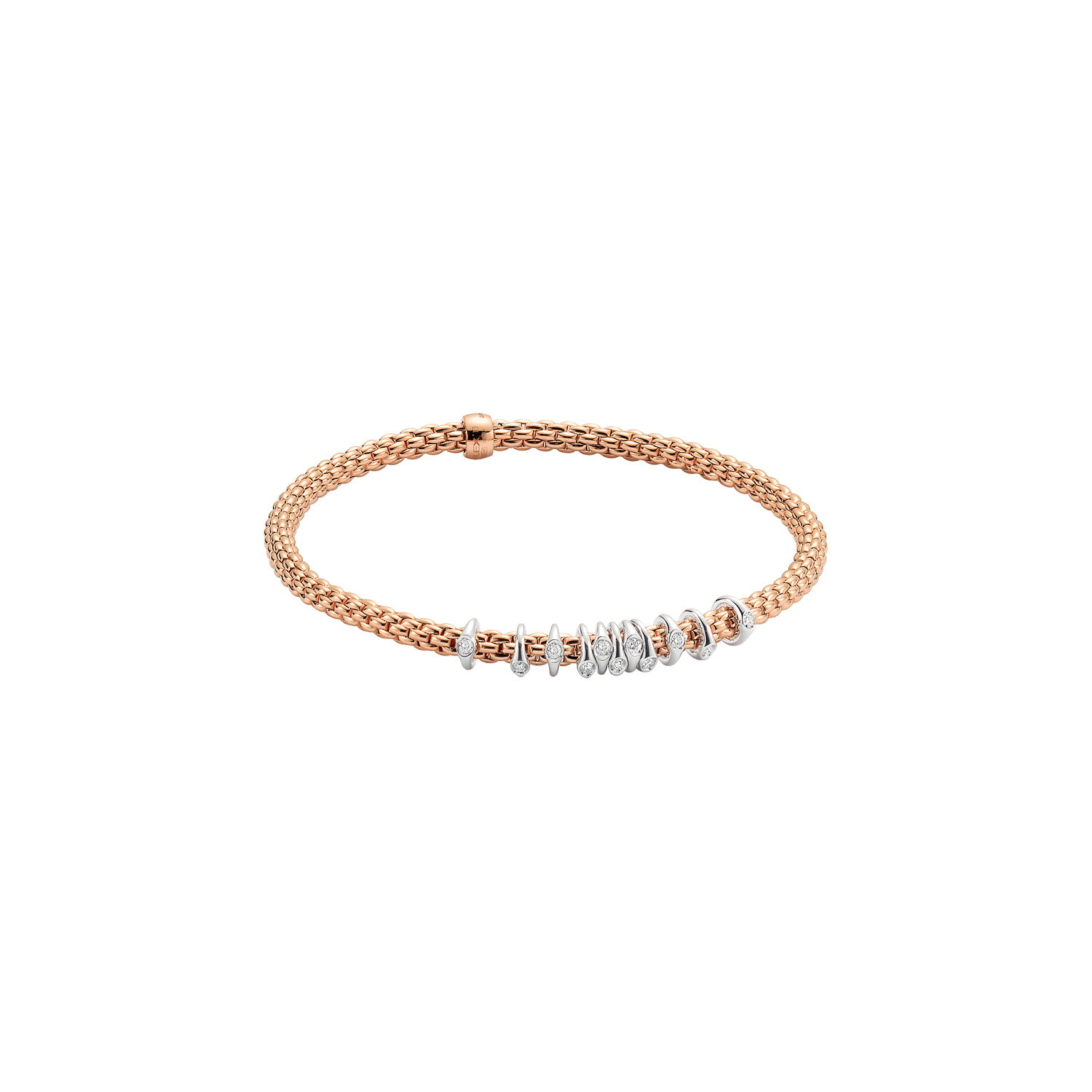 Prima Flex'It Bracelet in 18kt Rose Gold with eleven White Gold and White Single Diamond elements at 0.15ctw - The bracelet measures 3.4mm in diameter and is a size small, 16cm or 6.29 inches internal circumference. 747B BBRS-RW Prima Bracelet in 18kt Rose Gold with 11 White Gold Single White Diamond Elements - 3.4mm - Size S