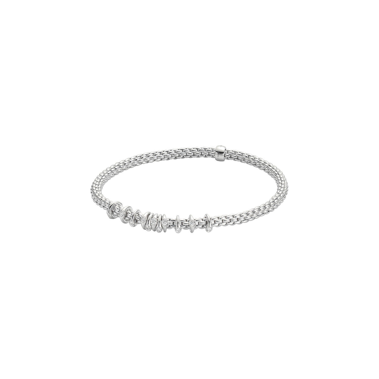 Prima Flex'It Bracelet in 18kt White Gold with eleven White Gold and White Single Diamond elements at 0.15ctw - The bracelet measures 3.4mm in diameter and is a size large, 18cm or 7.08 inches internal circumference. 747B BBRL-W Prima Bracelet in 18kt White Gold with 11 White Gold Single White Diamond Elements - 3.4mm - Size L