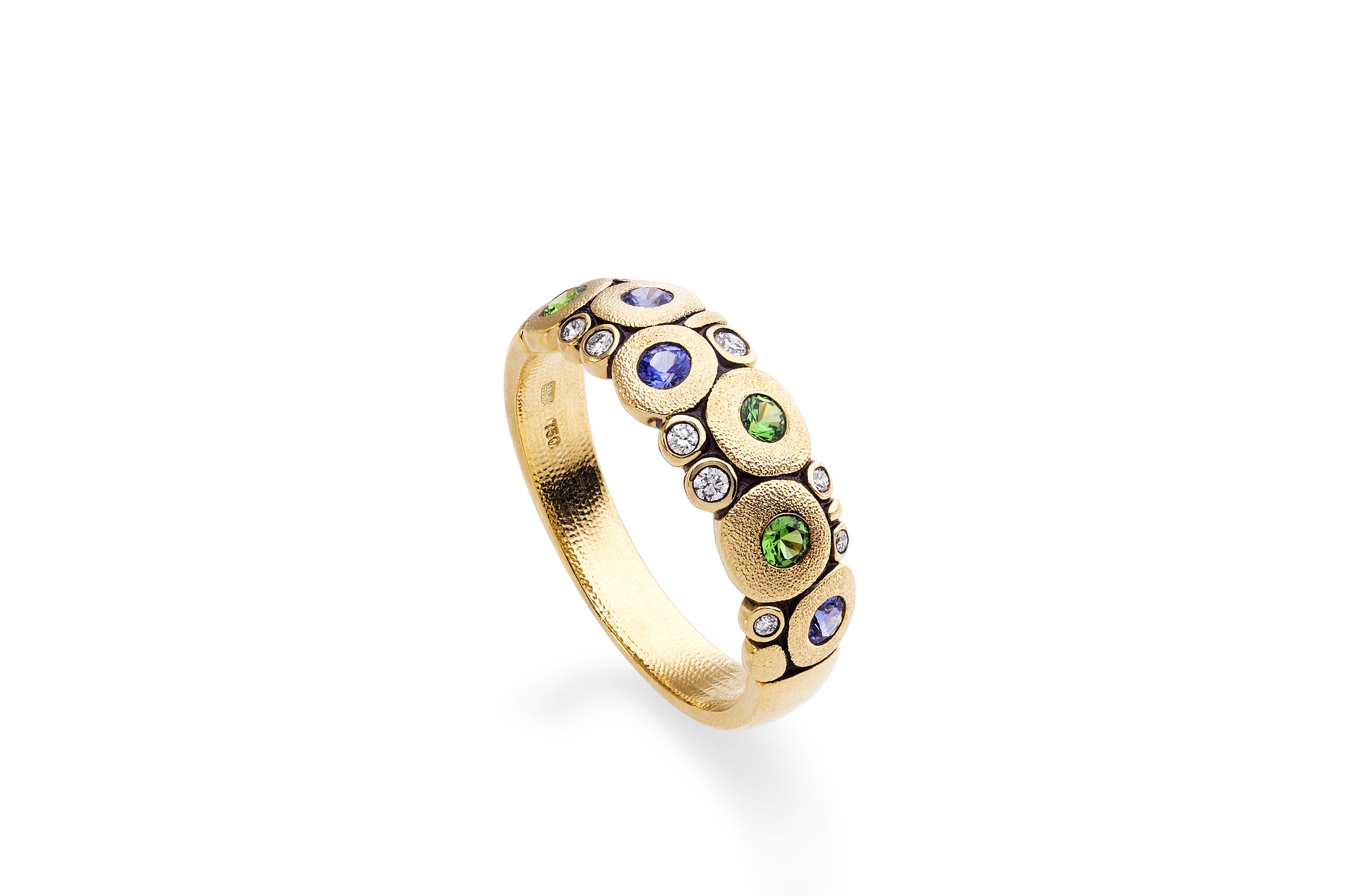 Candy Ring with Blue Sapphires and Tsavorites in 18kt Yellow Gold