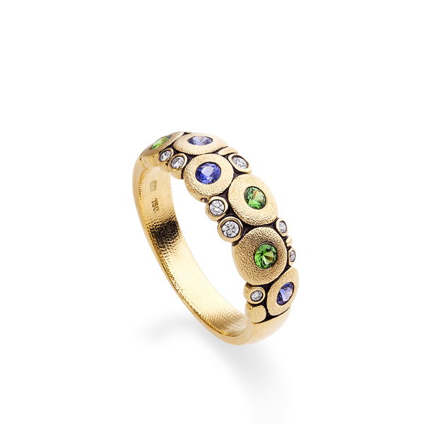 Closeup photo of Candy Ring with Blue Sapphires and Tsavorites in 18kt Yellow Gold