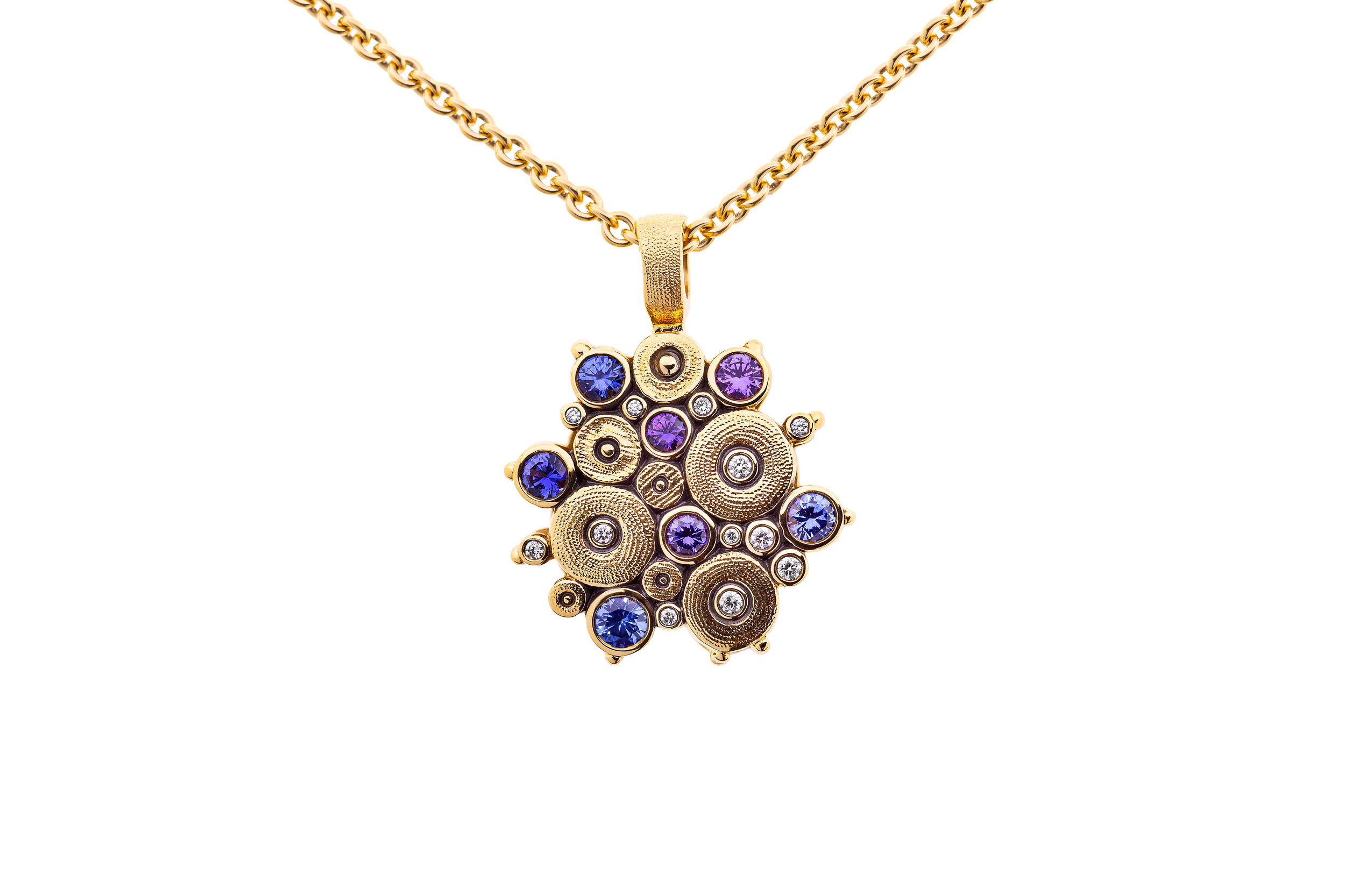 Ocean Pendant Necklace with Blue, Purple and Violet Sapphires in 18kt Yellow Gold