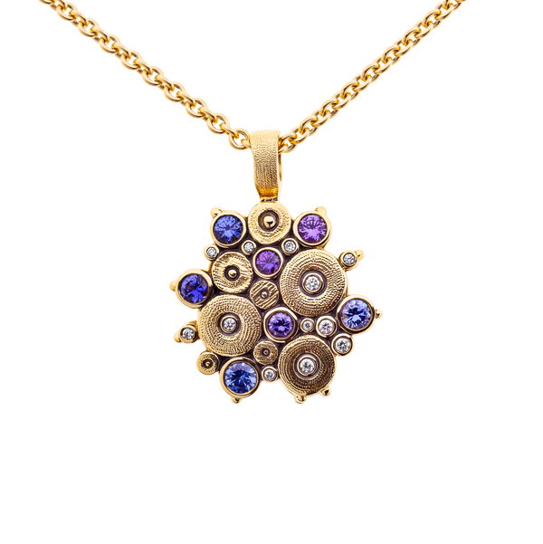 Ocean Pendant Necklace with Blue, Purple and Violet Sapphires in 18kt Yellow Gold