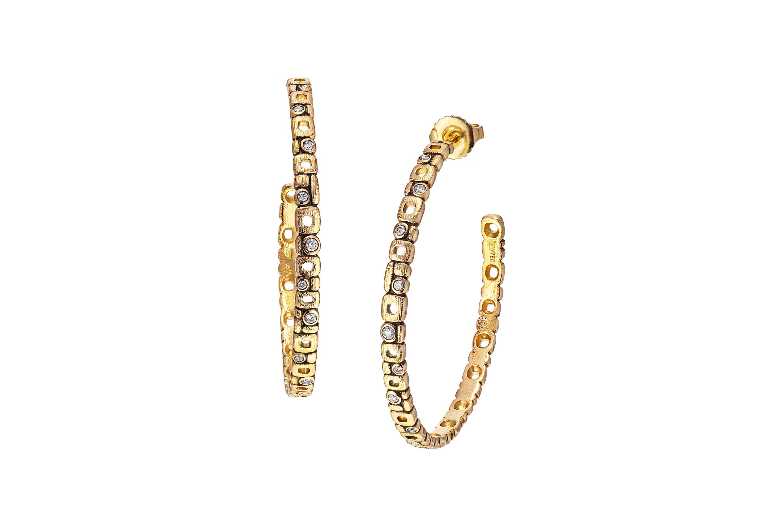 Micro Windows Large Hoop Earrings with White Diamonds in 18kt Yellow Gold
