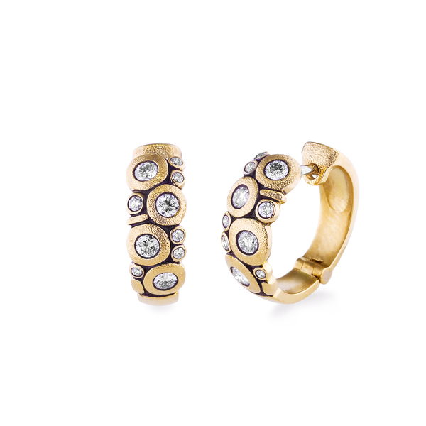 Closeup photo of Candy Huggie Earrings with White Diamonds in 18kt Yellow Gold