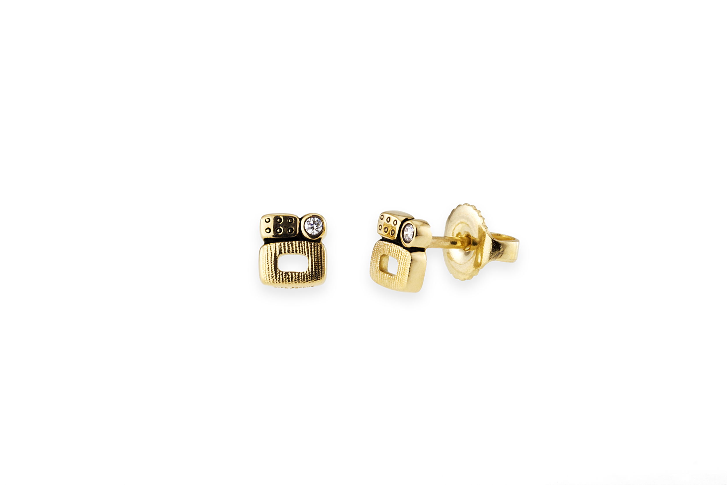 Little Windows Tiny Stud Earrings with White Diamonds in 18kt Yellow Gold