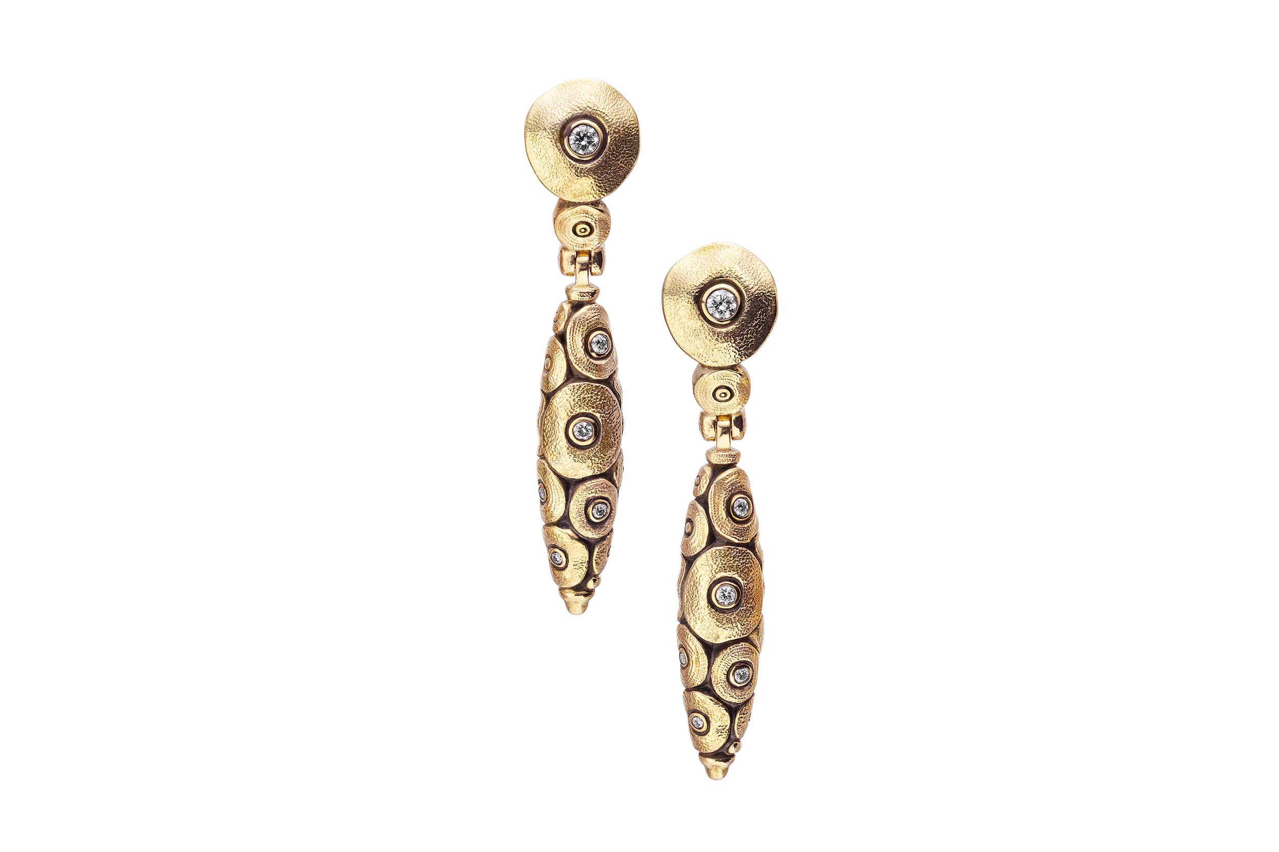 Shark Dangle Earrings with White Diamonds in 18kt Yellow Gold