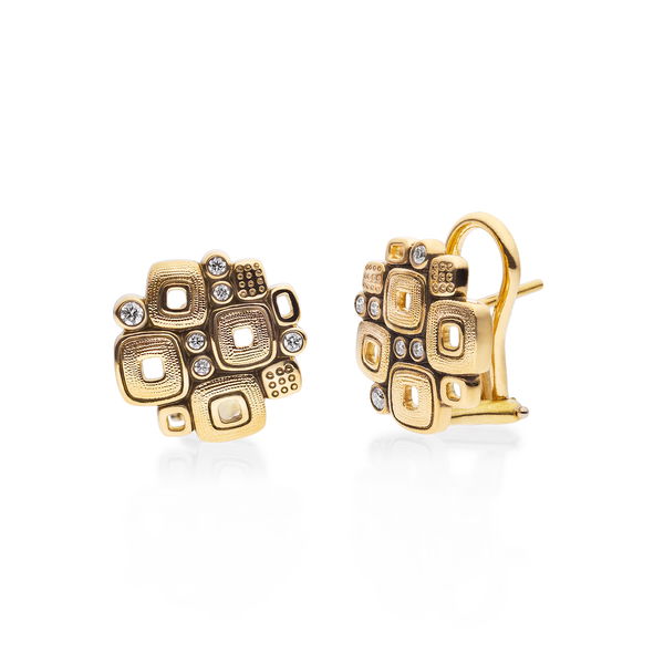 Closeup photo of Little Windows Stud Earrings with White Diamonds in 18kt Yellow Gold