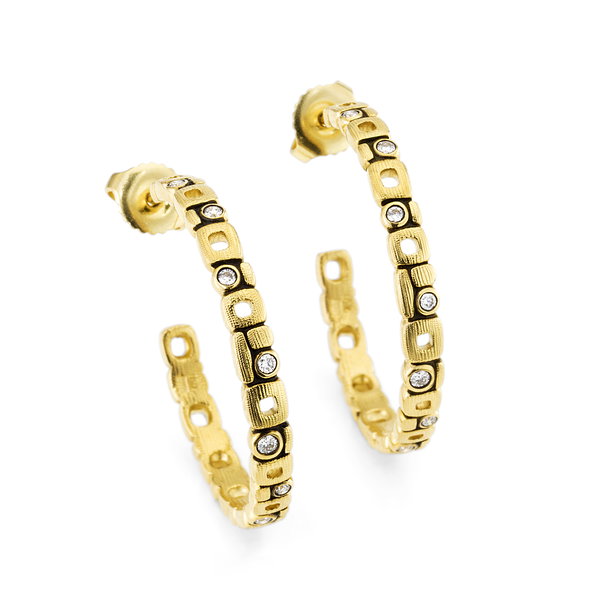 Micro Windows Medium Hoop Earrings with White Diamonds in 18kt Yellow Gold