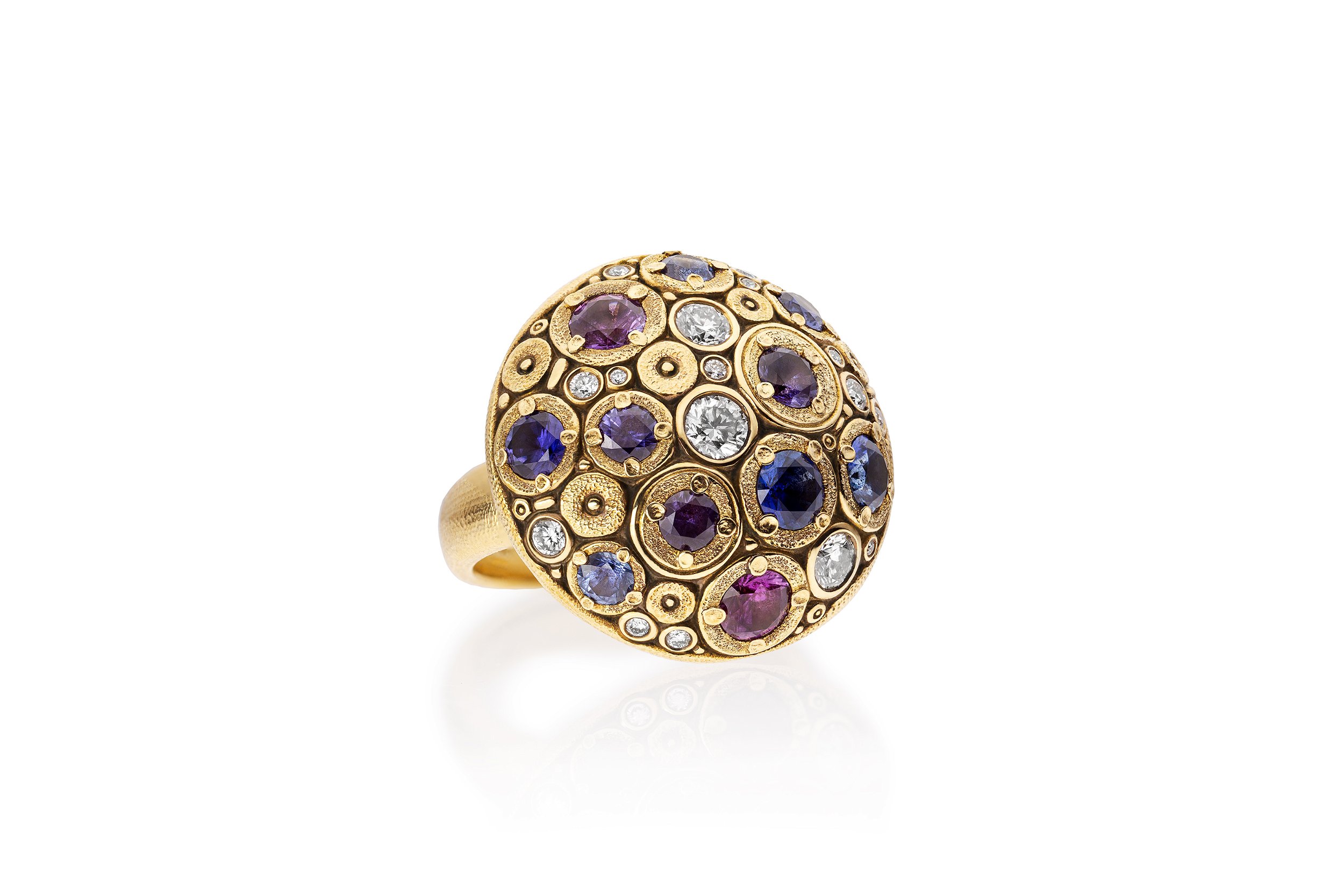 Blooming Hill Dome Shield Ring with Purple, Blue and Violet Sapphires in 18kt Yellow Gold