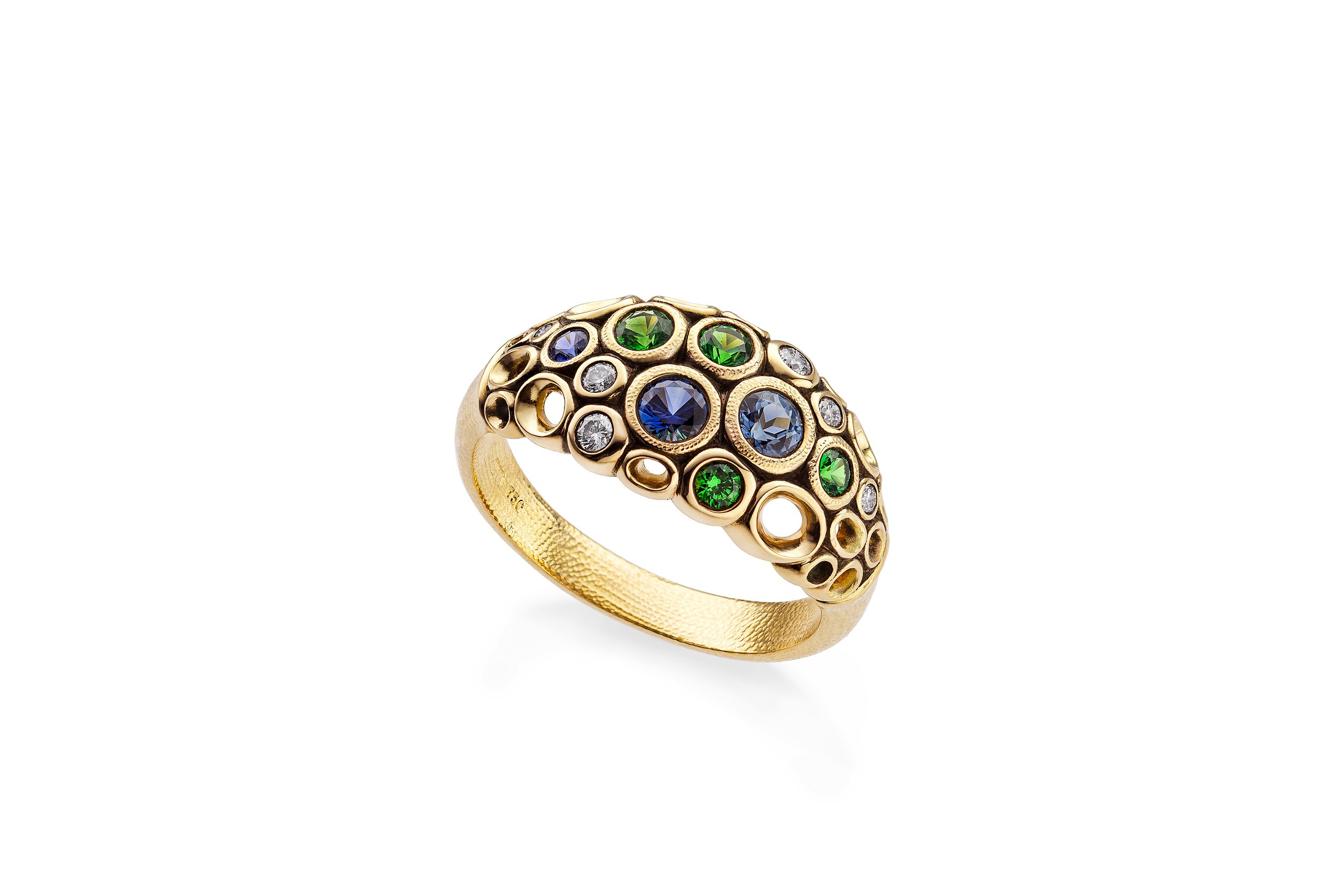 Open Work Dome Ring with Faceted Blue Sapphires and Tsavorites in 18kt Yellow Gold