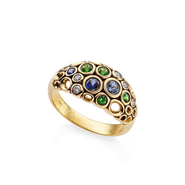 Open Work Dome Ring with Faceted Blue Sapphires and Tsavorites in 18kt Yellow Gold