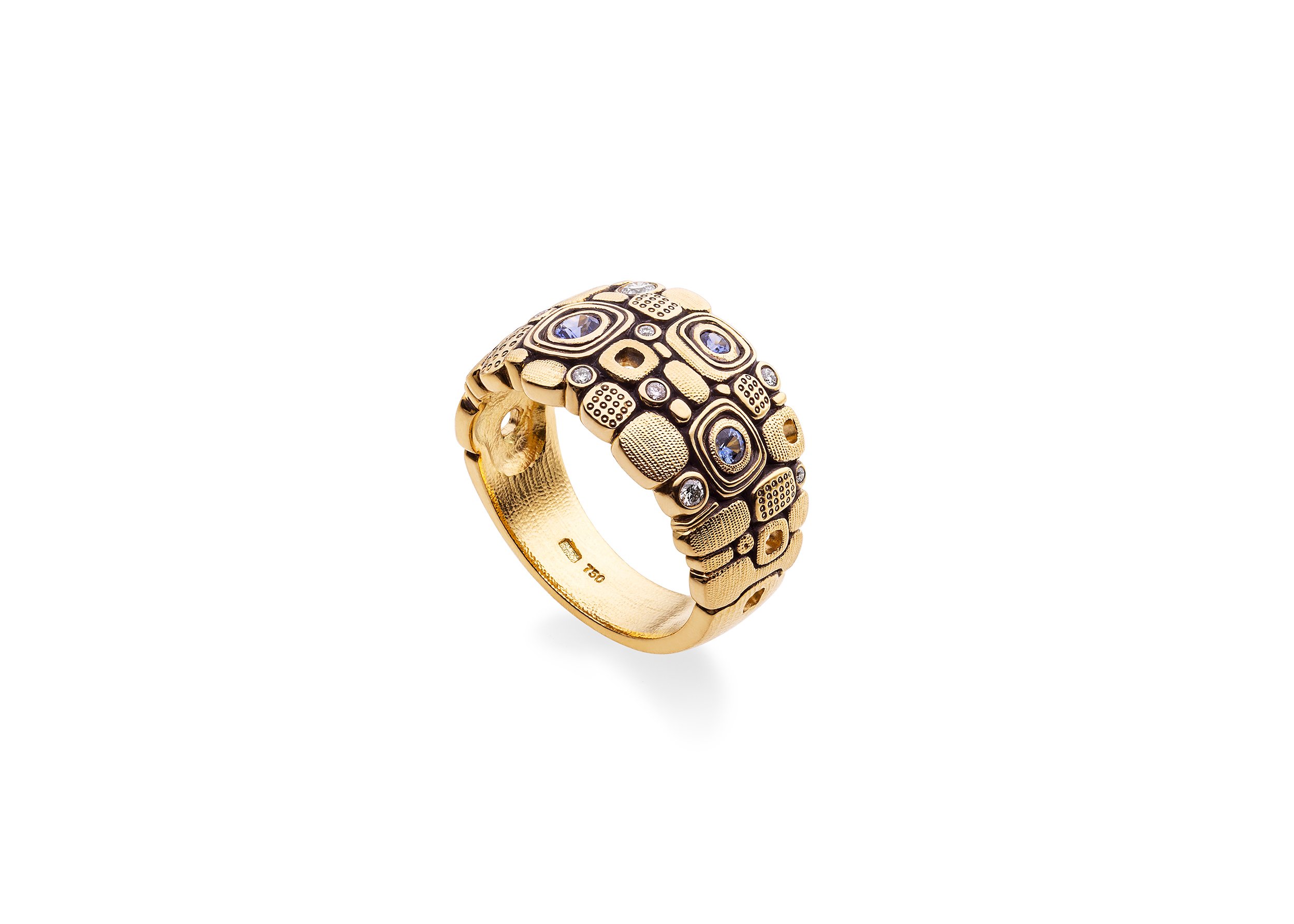 Little Windows Dome Ring with Blue Sapphires in 18kt Yellow Gold