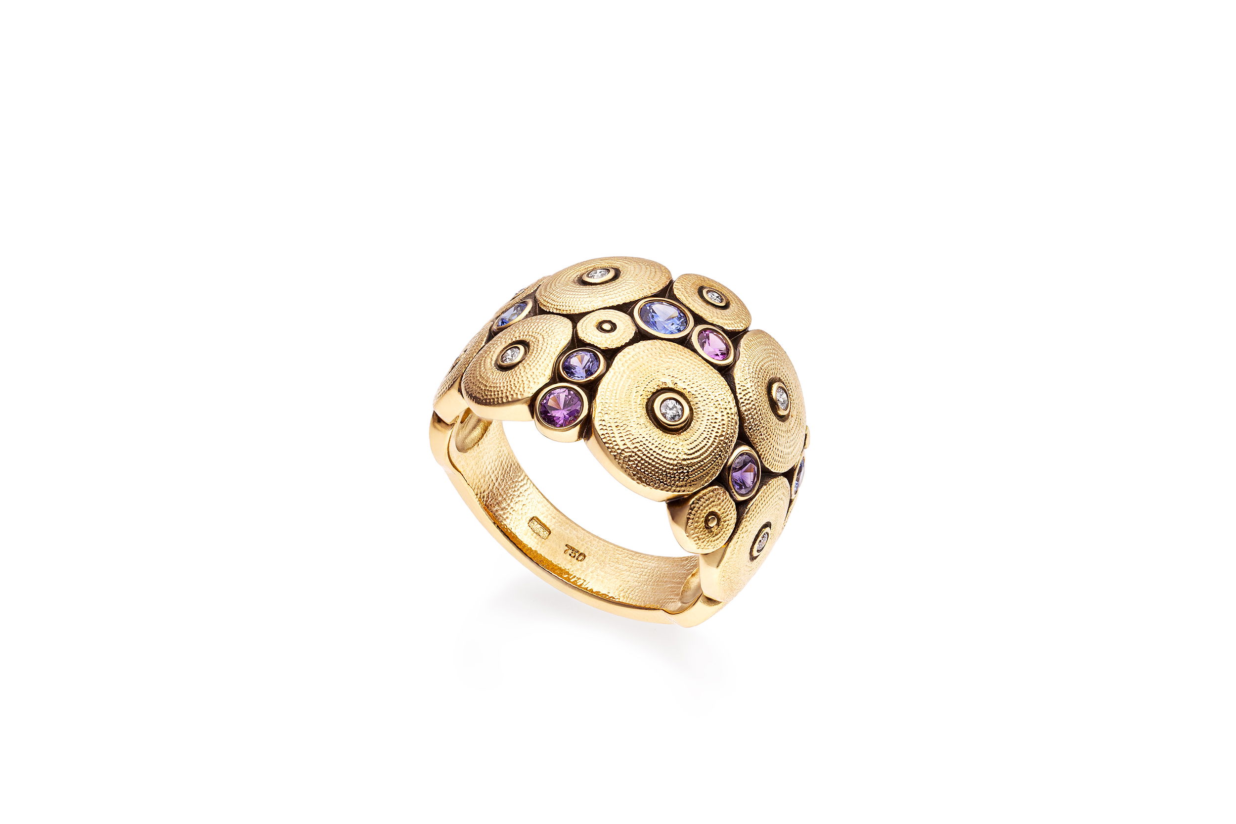 Orchard Dome Ring with Purple, Blue and Violet Sapphires in 18kt Yellow Gold