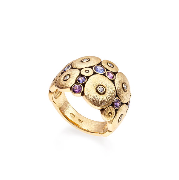 Orchard Dome Ring with Purple, Blue and Violet Sapphires in 18kt Yellow Gold