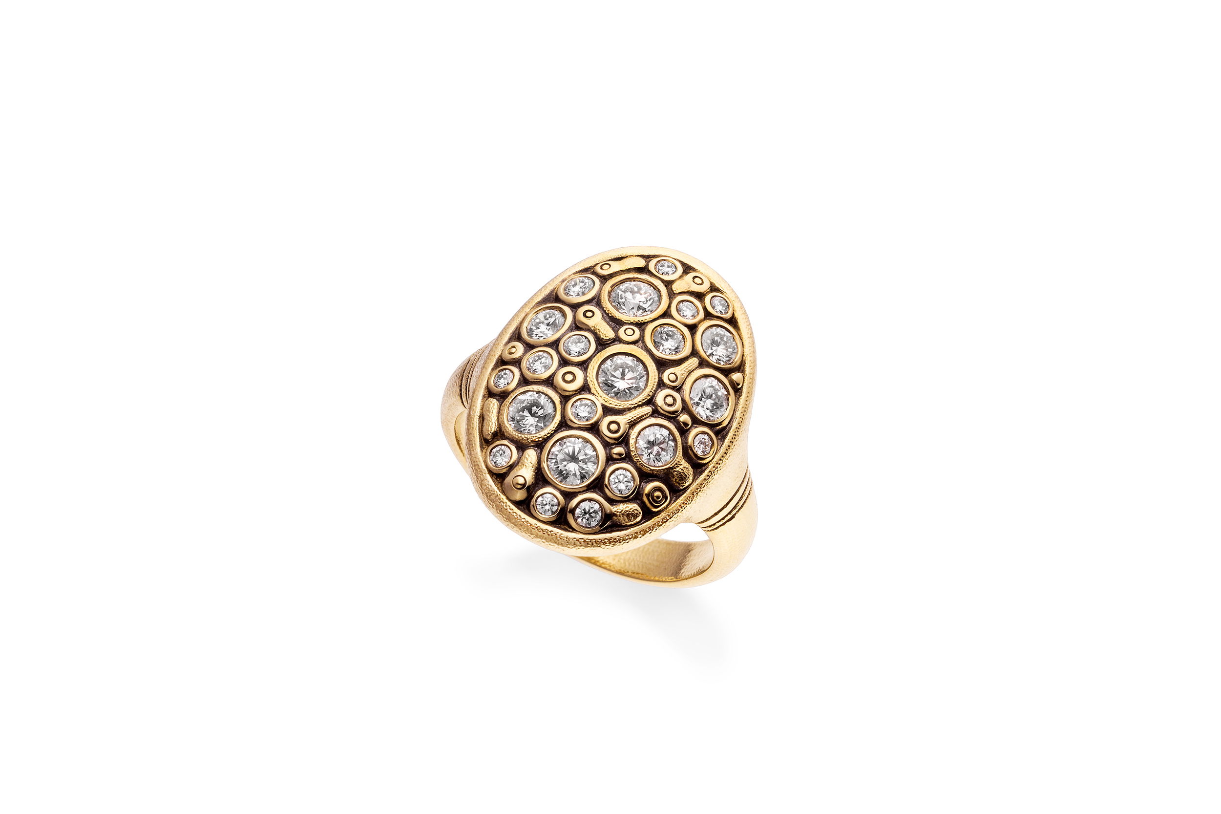 Constellation Dome Ring with White Diamonds in 18kt Yellow Gold by Alex Sepkus. Twenty Two white diamonds at 0.76ctw set into a dome shield ring in 18kt oxidized yellow gold. Constellation Dome Ring with White Diamonds in 18kt Yellow Gold