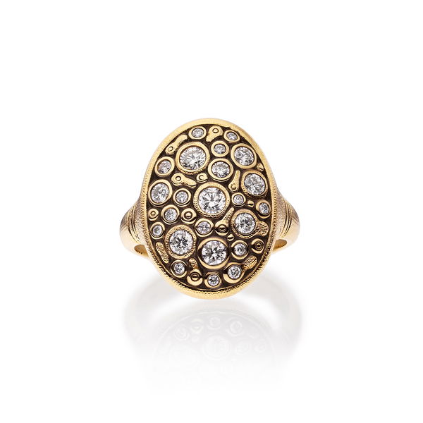 Closeup photo of Constellation Dome Ring with White Diamonds in 18kt Yellow Gold