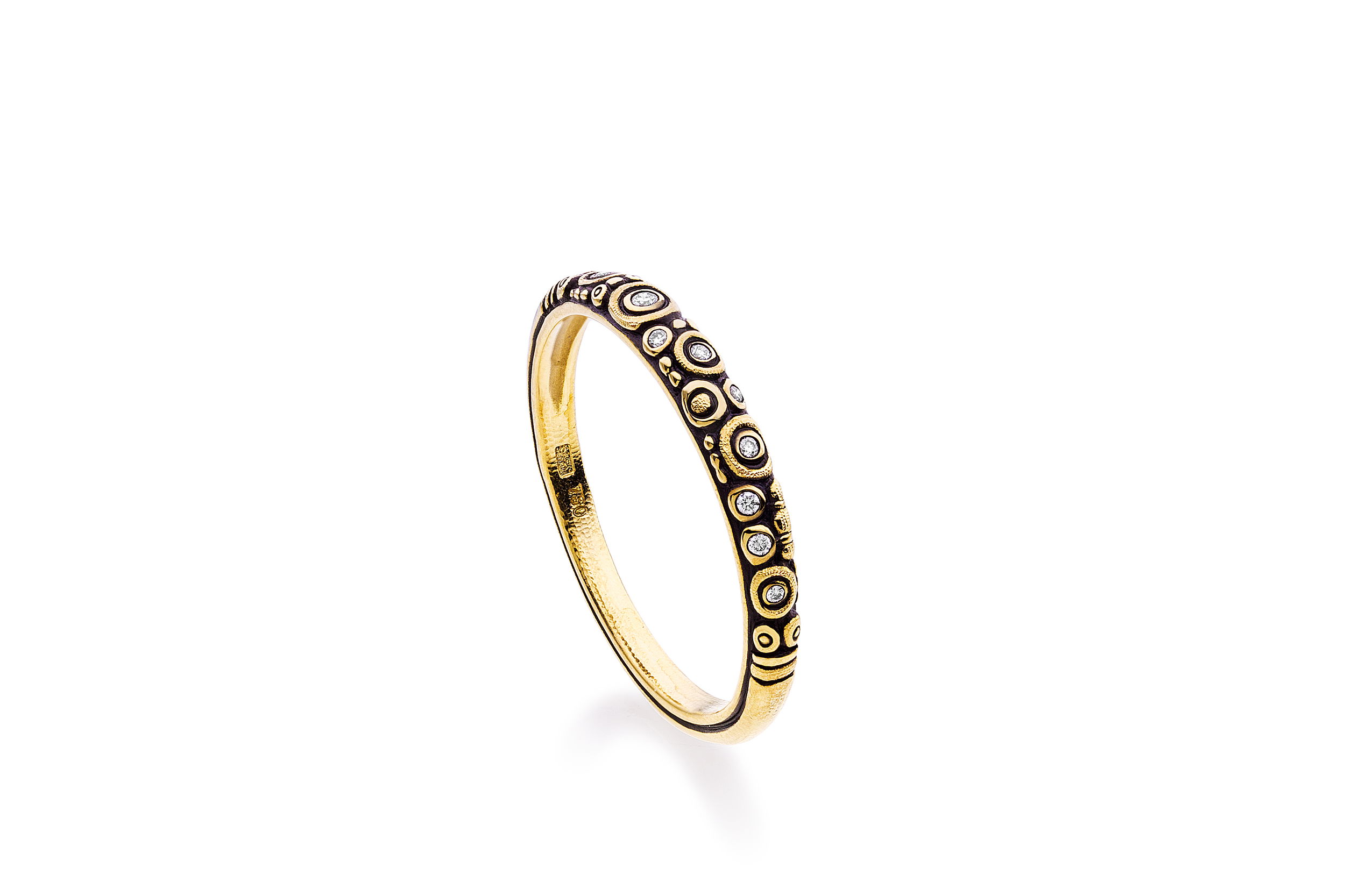 Diamond Band with White Diamonds in 18kt Yellow Gold by Alex Sepkus. Narrow band with nine diamonds at 0.05ctw set in oxidized 18kt yellow gold. Diamond Band with White Diamonds in 18kt Yellow Gold