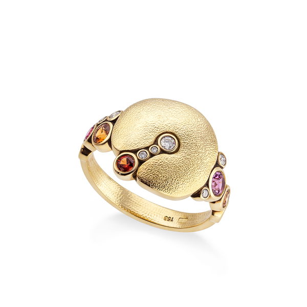 Closeup photo of Apple Ring with Pink and Orange Sapphires and Diamonds in 18kt Yellow Gold