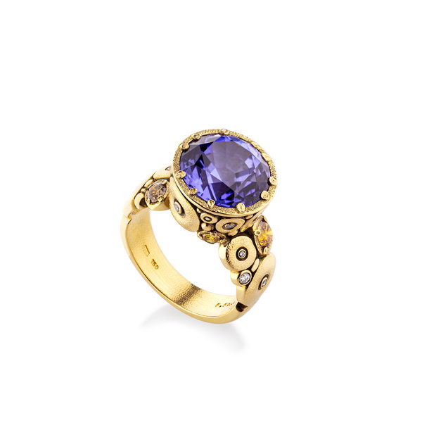 Orchard Ring Mounting with 6.68ct Tanzanite and Natural Color Diamond Band in 18kt Yellow Gold