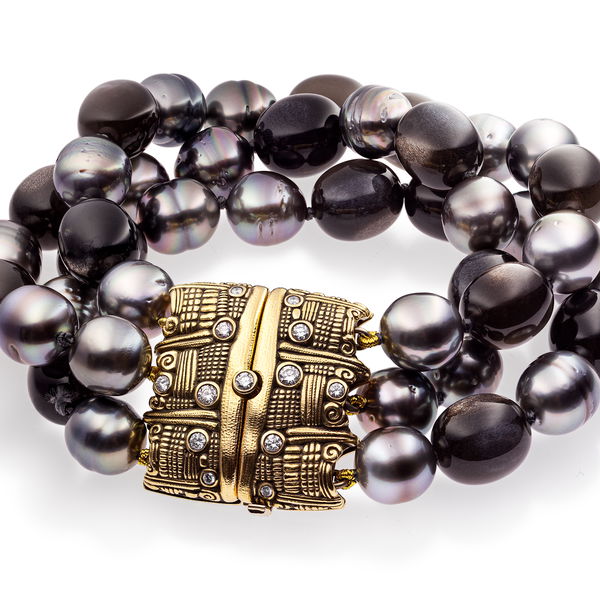 Closeup photo of Diamond Clasp Beaded Bracelet with Black Pearls and Moonstone in 18kt Yellow Gold