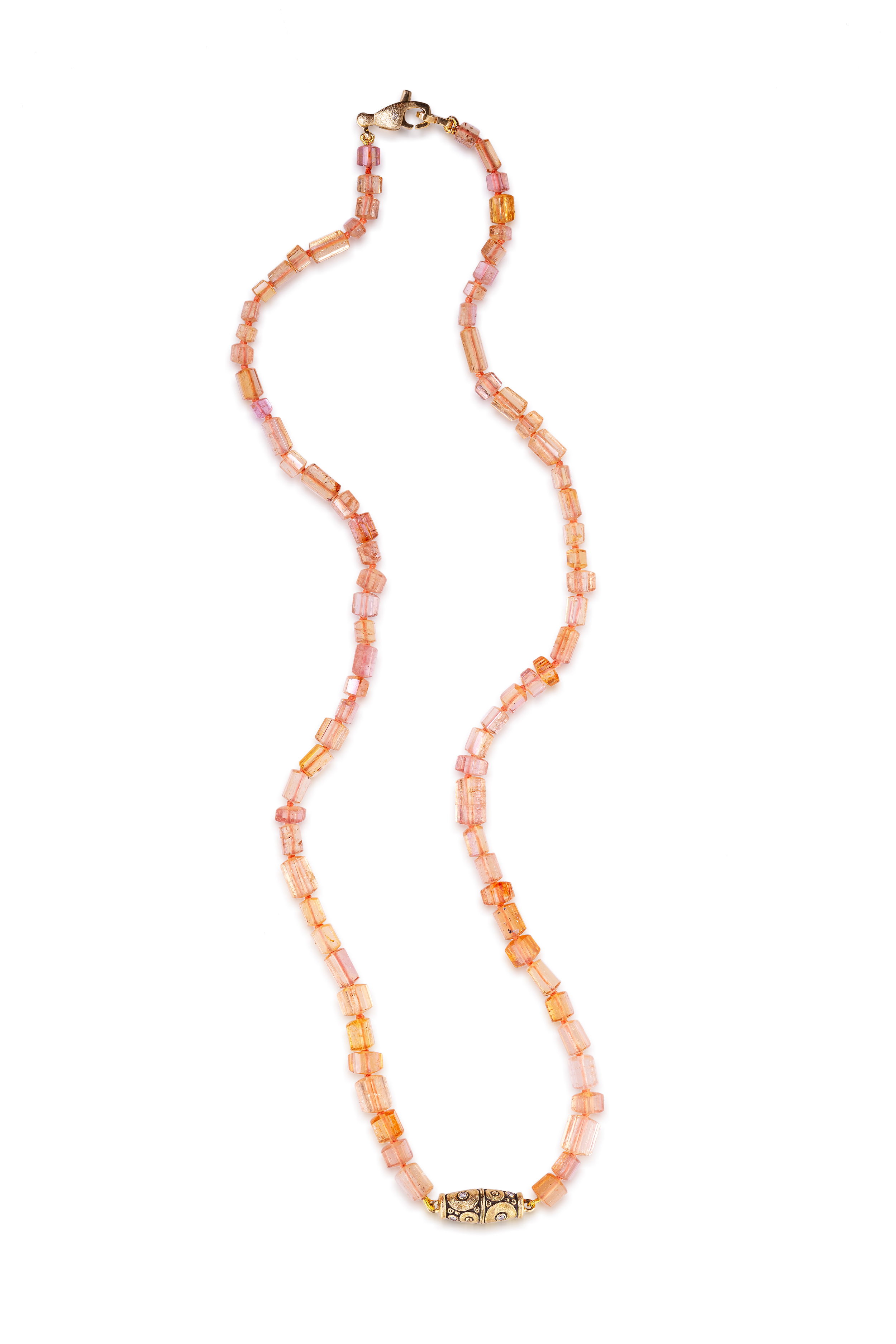 Orchard Imperial Topaz Beaded Station Necklace in 18kt Yellow Gold by Alex Sepkus. Peachy imperial topaz beads with one Orchard station measuring 17.8mm long by 7.5mm wide and set with eight white diamonds at 0.13ctw. The station and the lobster clasp are created in oxidized 18kt yellow gold and the clasp has one white diamond at 0.015ct. Orchard Imperial Topaz Beaded Station Necklace in 18kt Yellow Gold